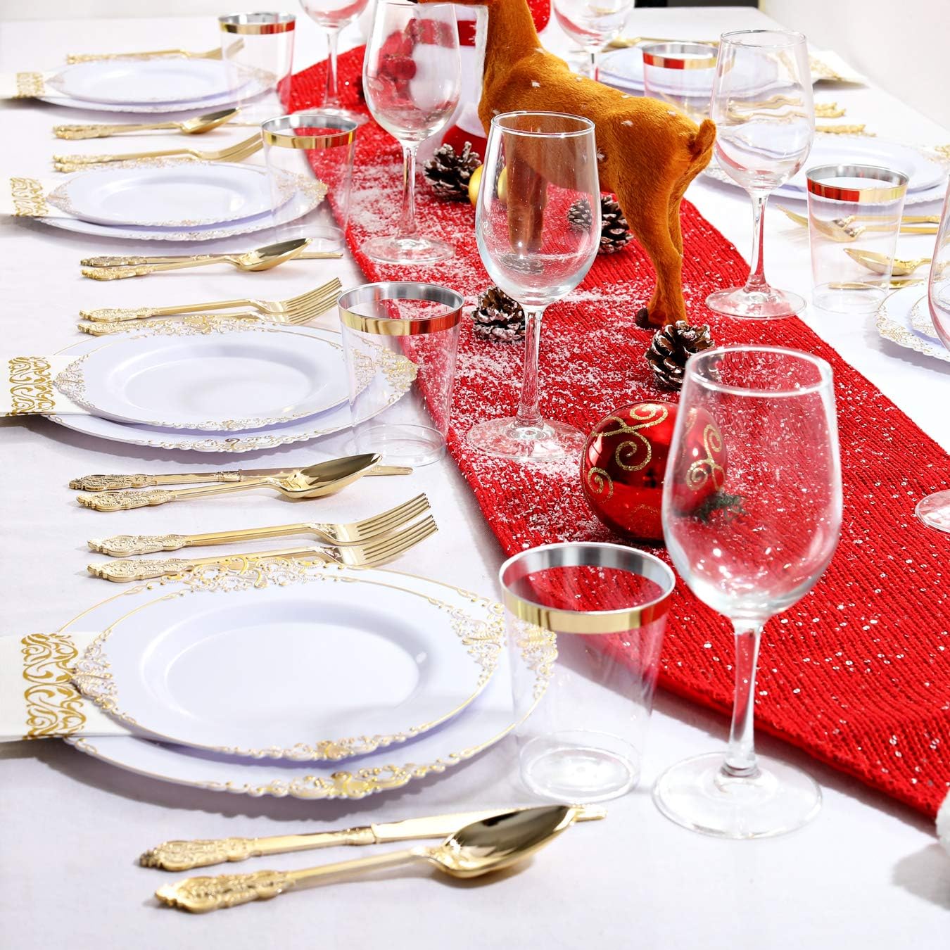 Nervure 175PCS White and Gold Plastic Plates Set