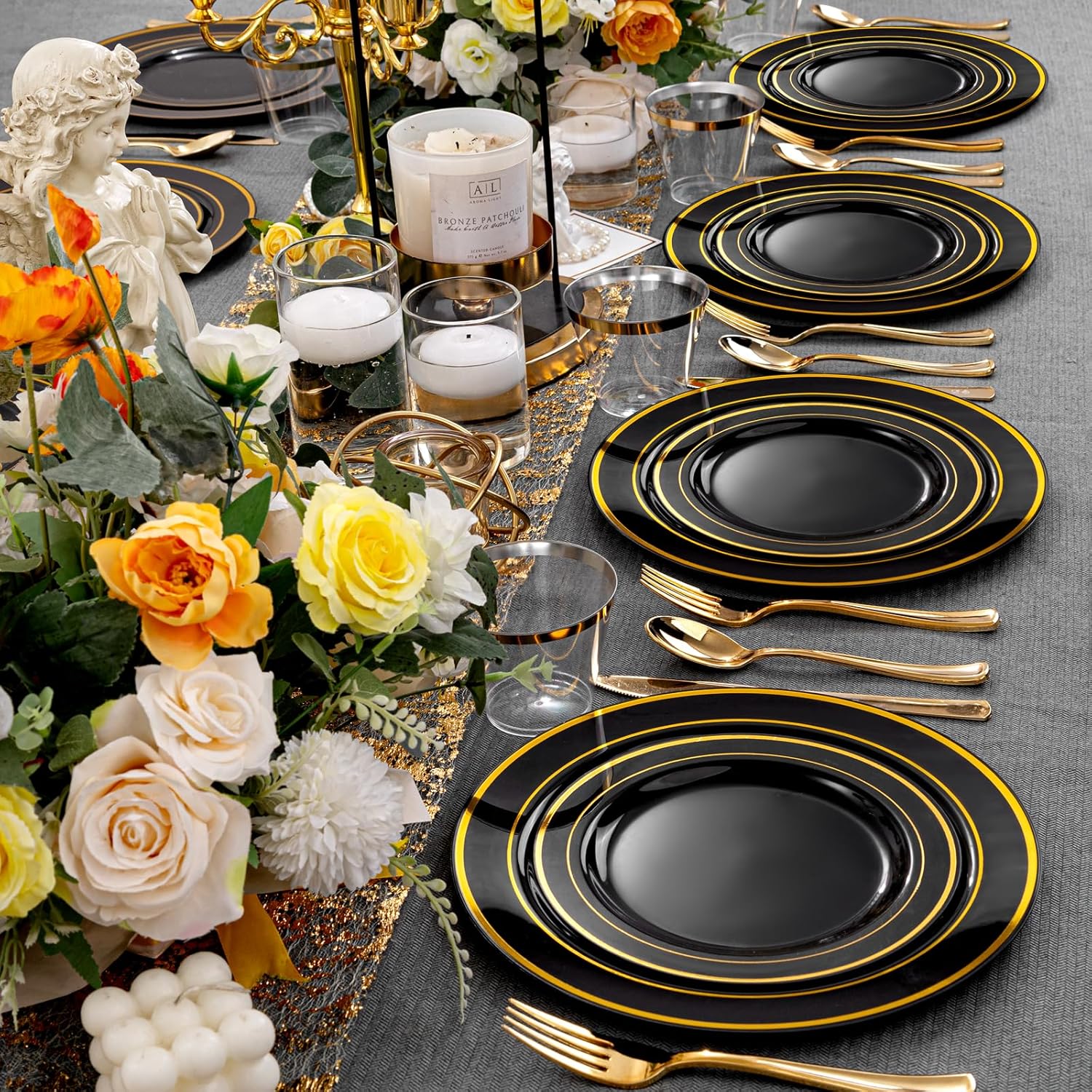 bUCLA 150 Piece Black and Gold Disposable Dinnerware Set for 25 Guests