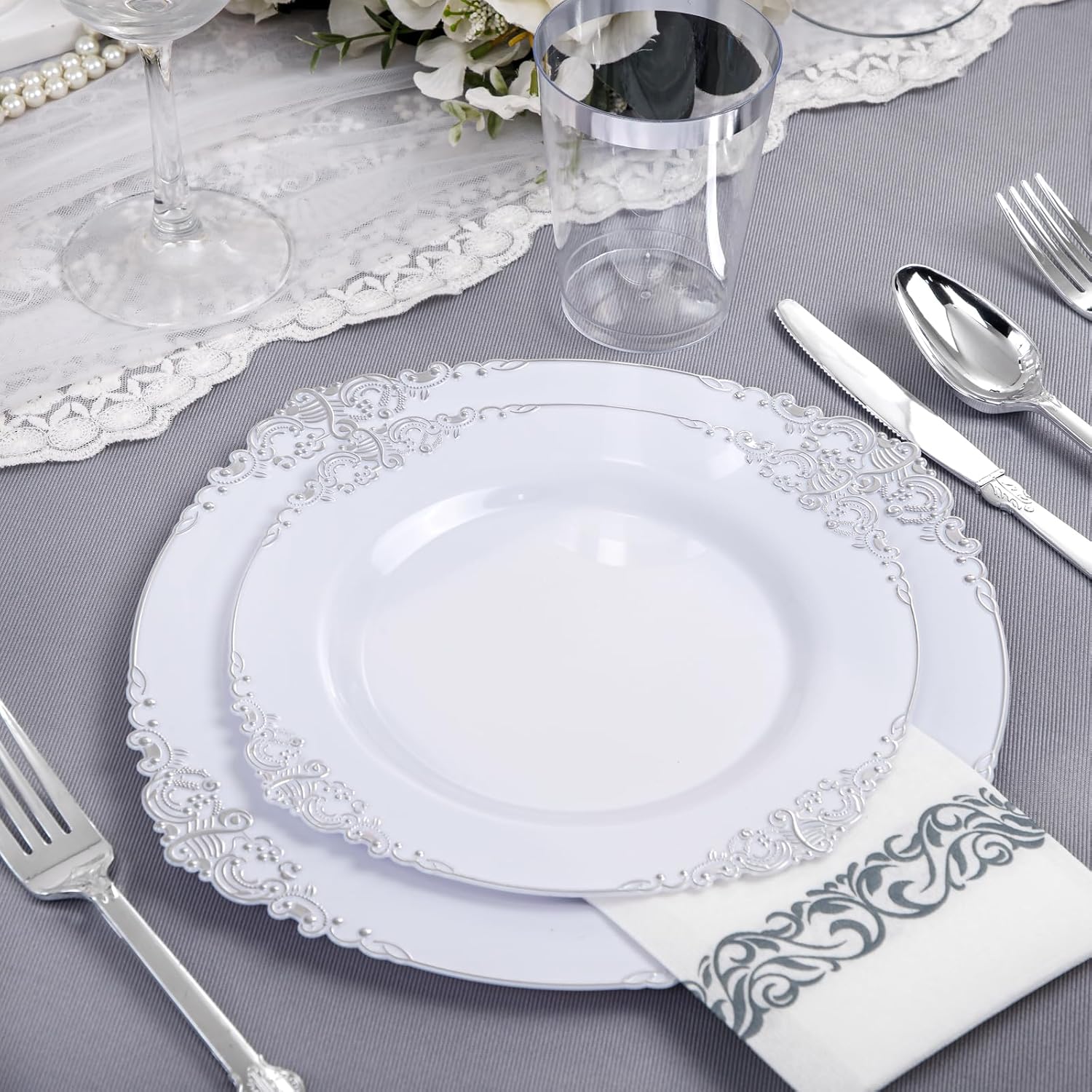 Nervure 350PCS Silver Plastic Dinnerware Set