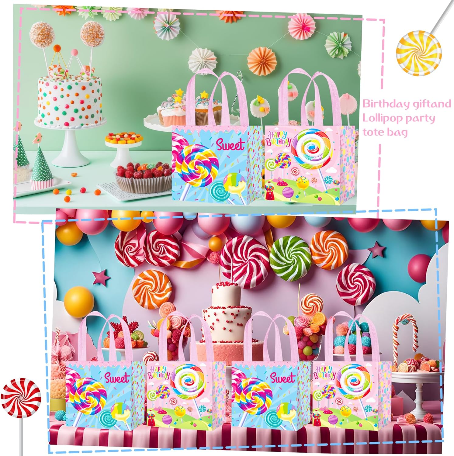 Umoni Candyland Party Goodie Bags 12Pcs Lollipop Treat Tote Bags With Handles