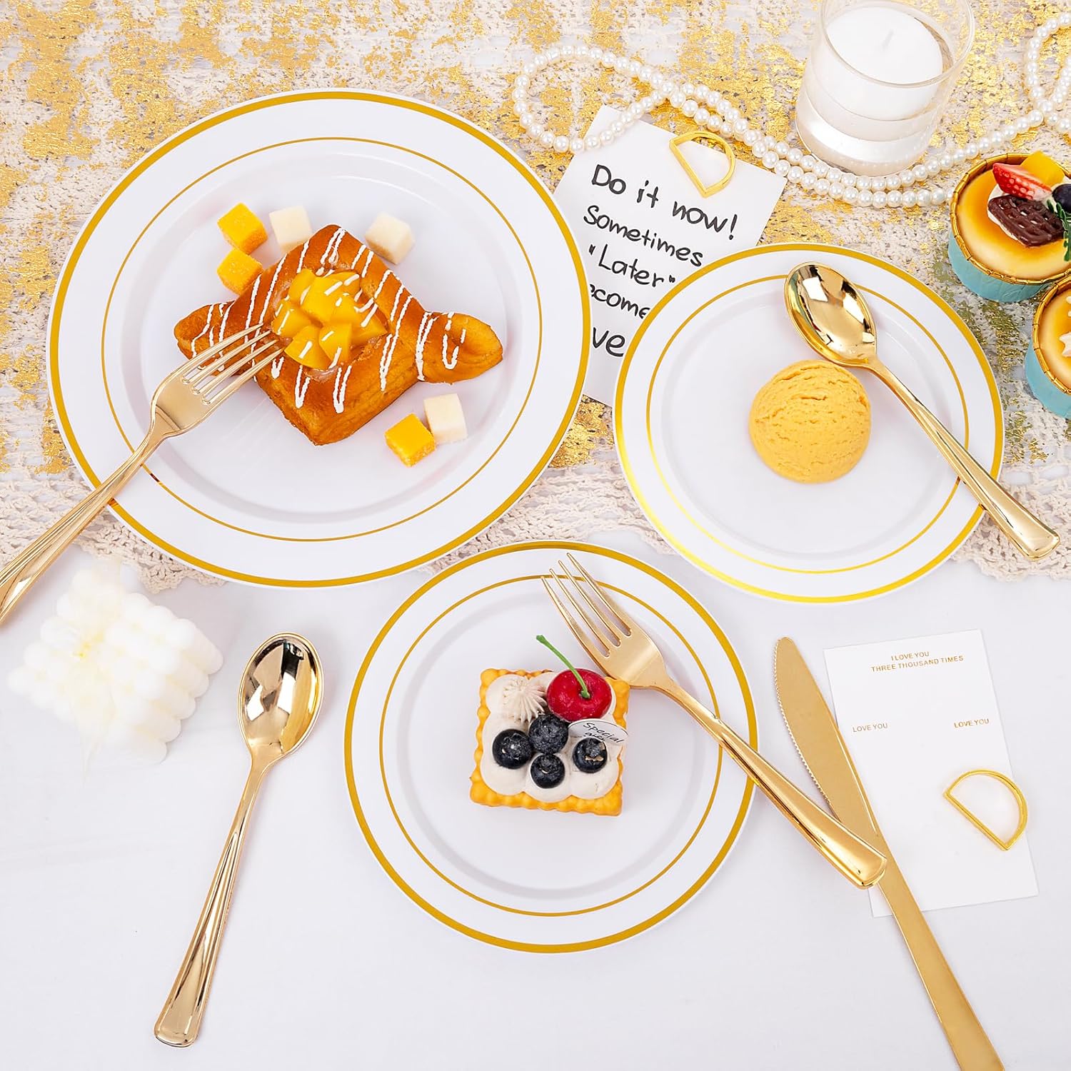 600 Pcs Gold Plastic Plates and Utensils for 100 Guests