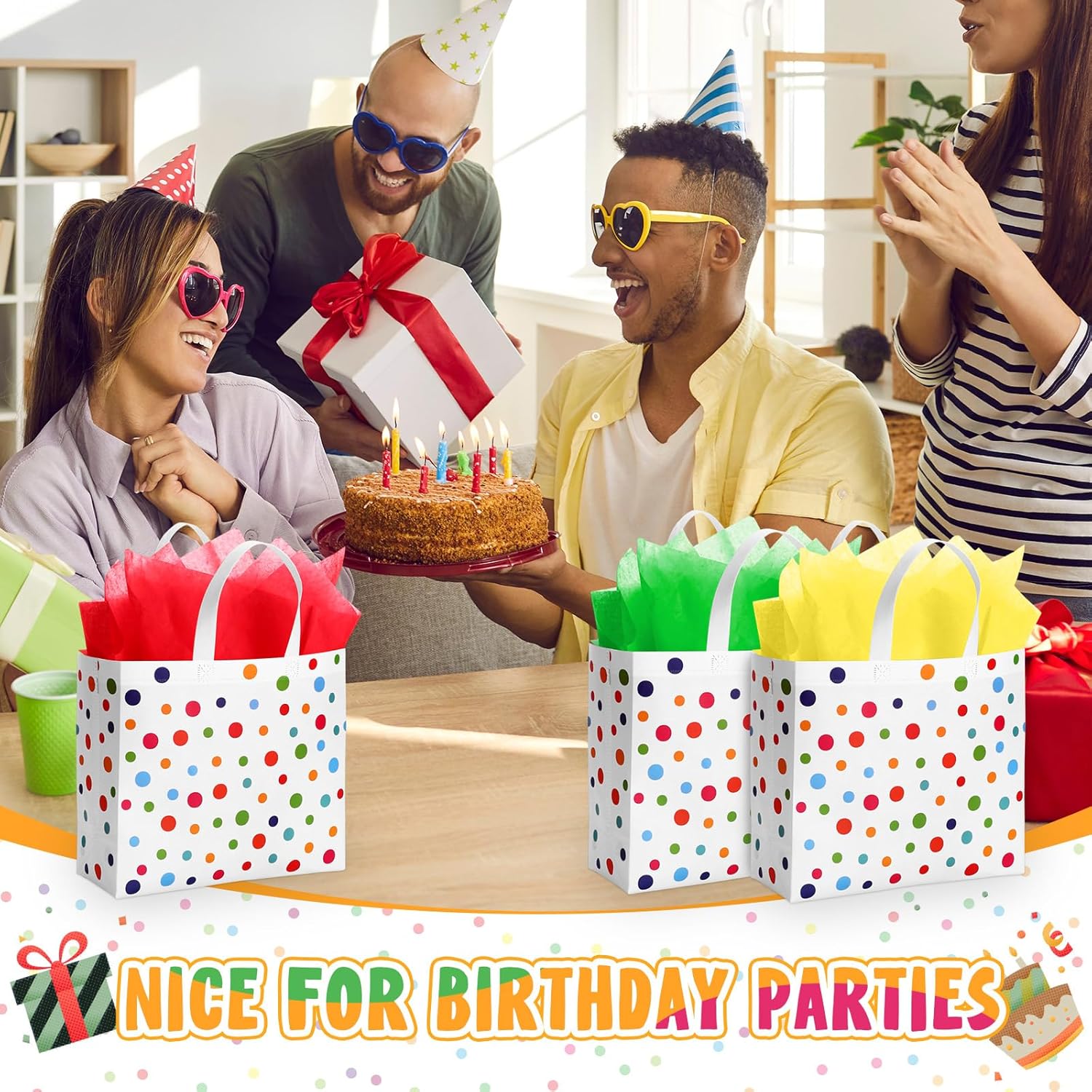 Wesnoy 20 Pack Rainbow Polka Dot Reusable Gift Bags