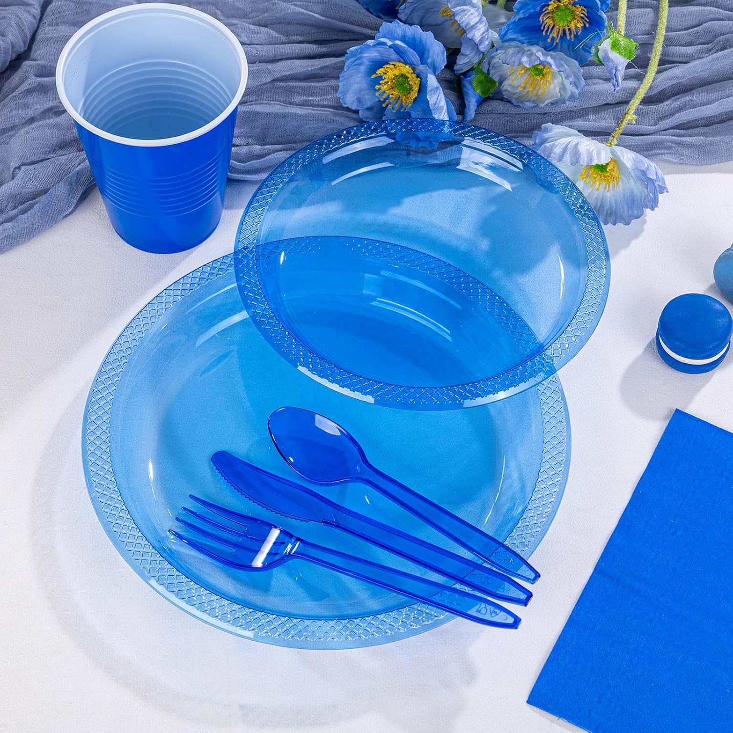 WELLIFE 210Pcs Clear Blue Plastic Plates Set for Party