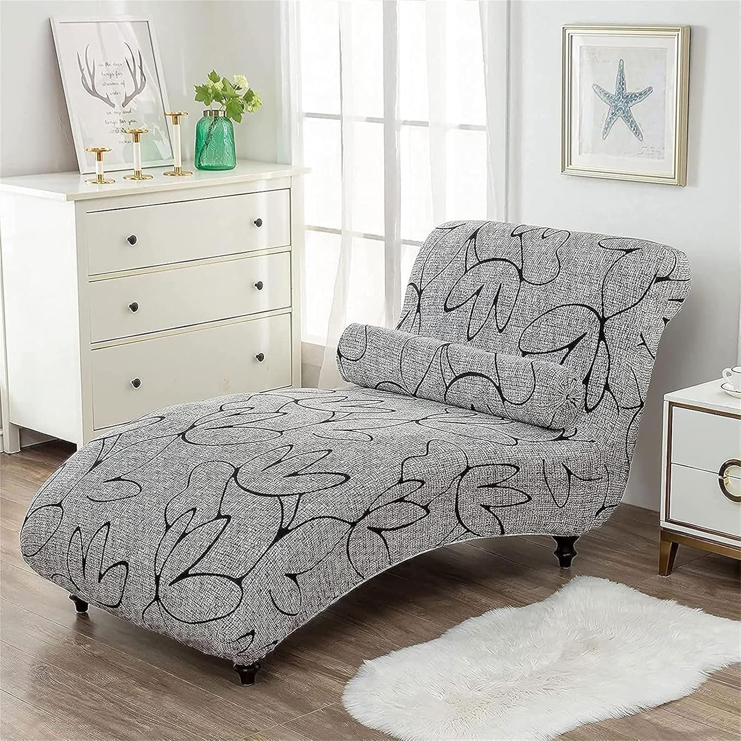 Printed Armless Chaise Lounge Chair Covers with Round Pillowcase