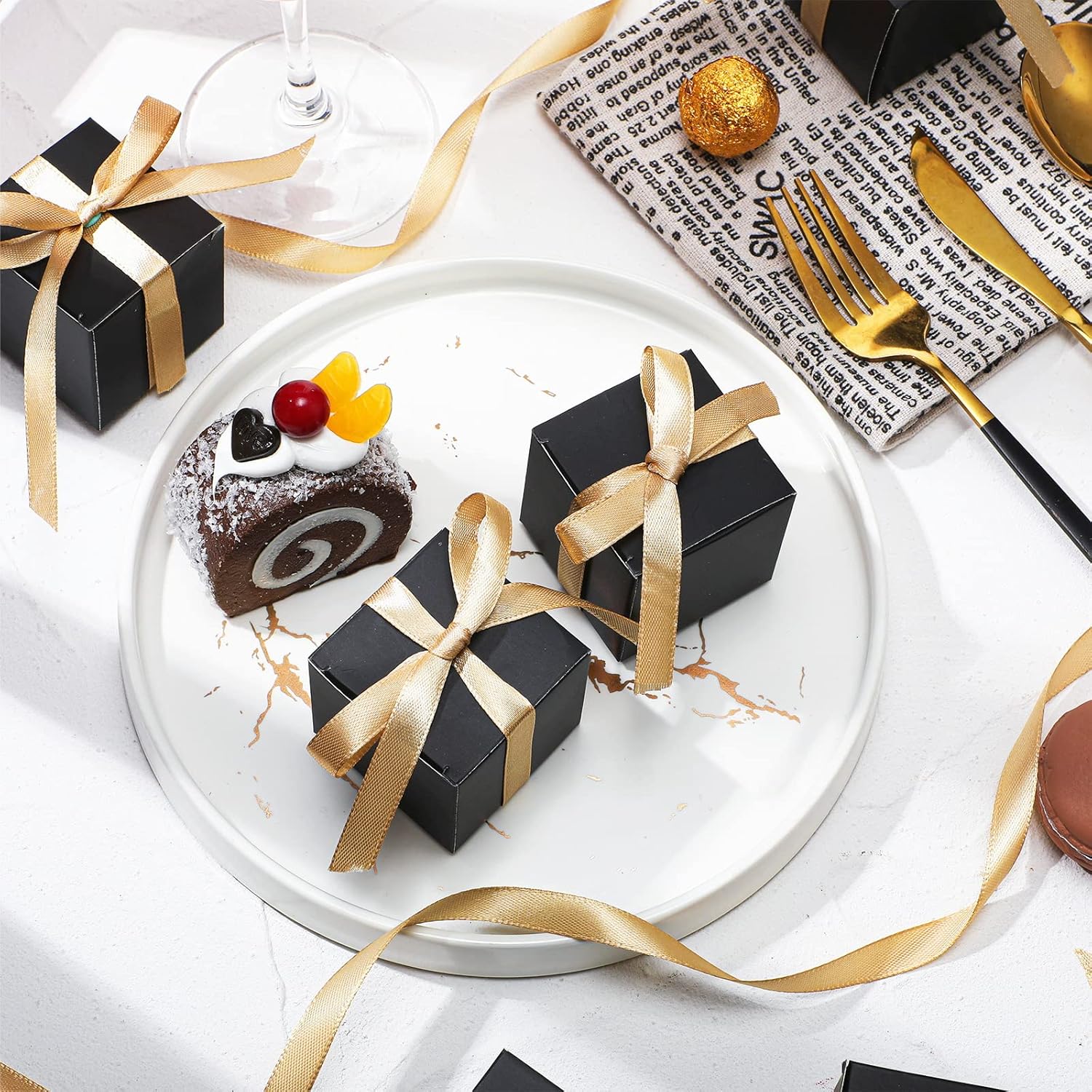 Jutom 100 Pcs Mini Favor Boxes Black Gold Ribbon Gift Wrapping