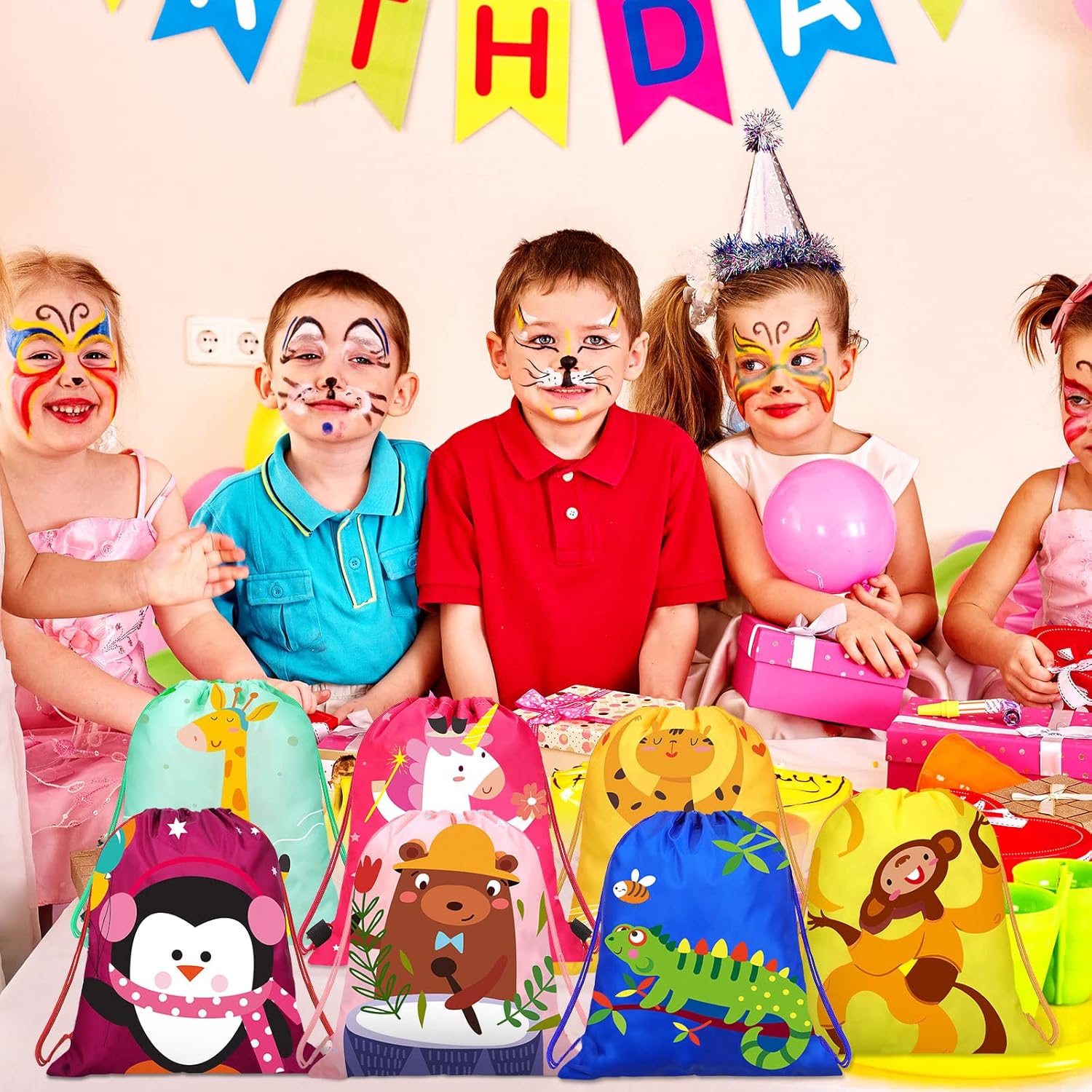 WILLBOND 24 Pack Safari Animal Drawstring Gift Bags for Kids