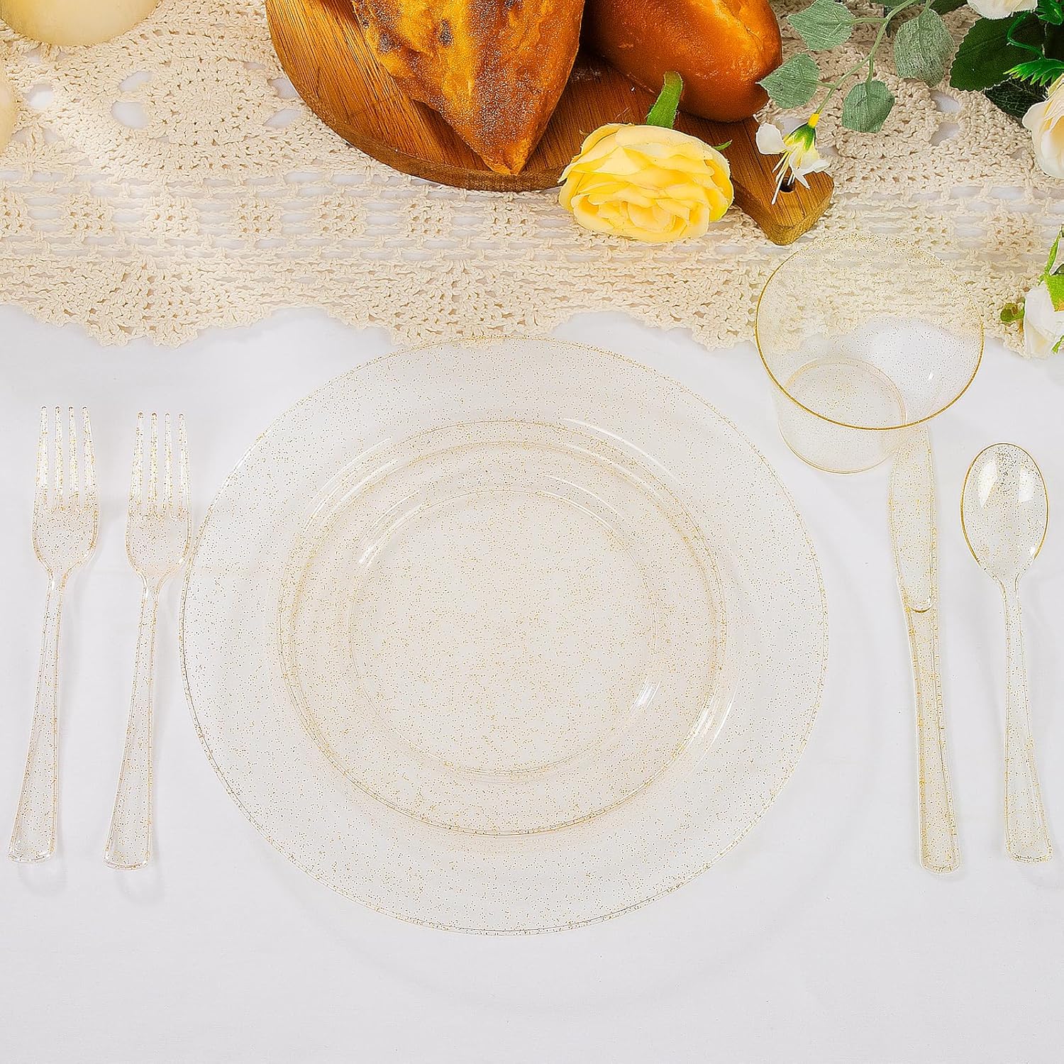 WELLIFE 300 PCS Gold Glitter Dinnerware Set for 50 Guests