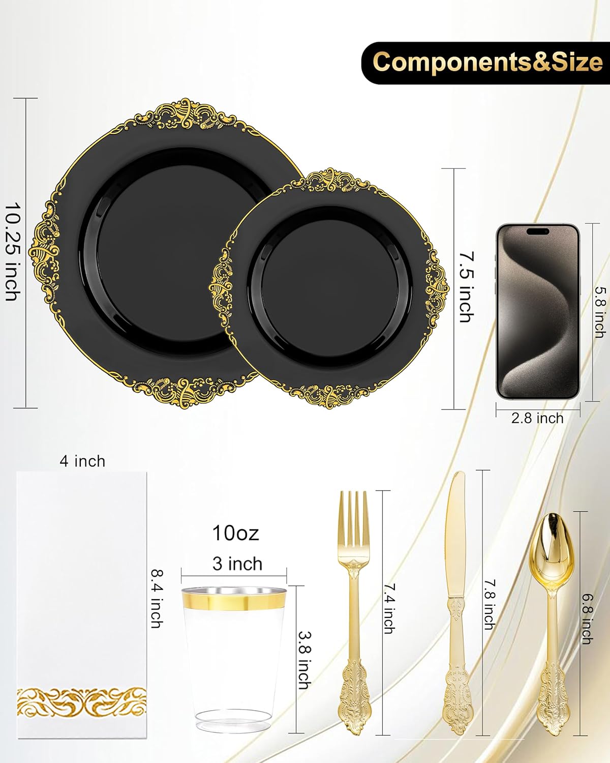 Nervure 350PCS Black Plastic Plates Set for 50 Guests