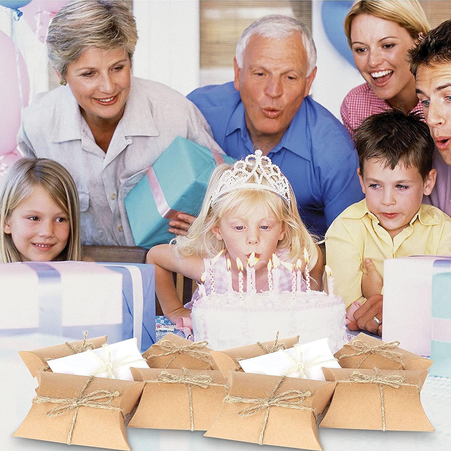 Kraft Paper Pillow Candy Box 60 Pcs with Jute Rope