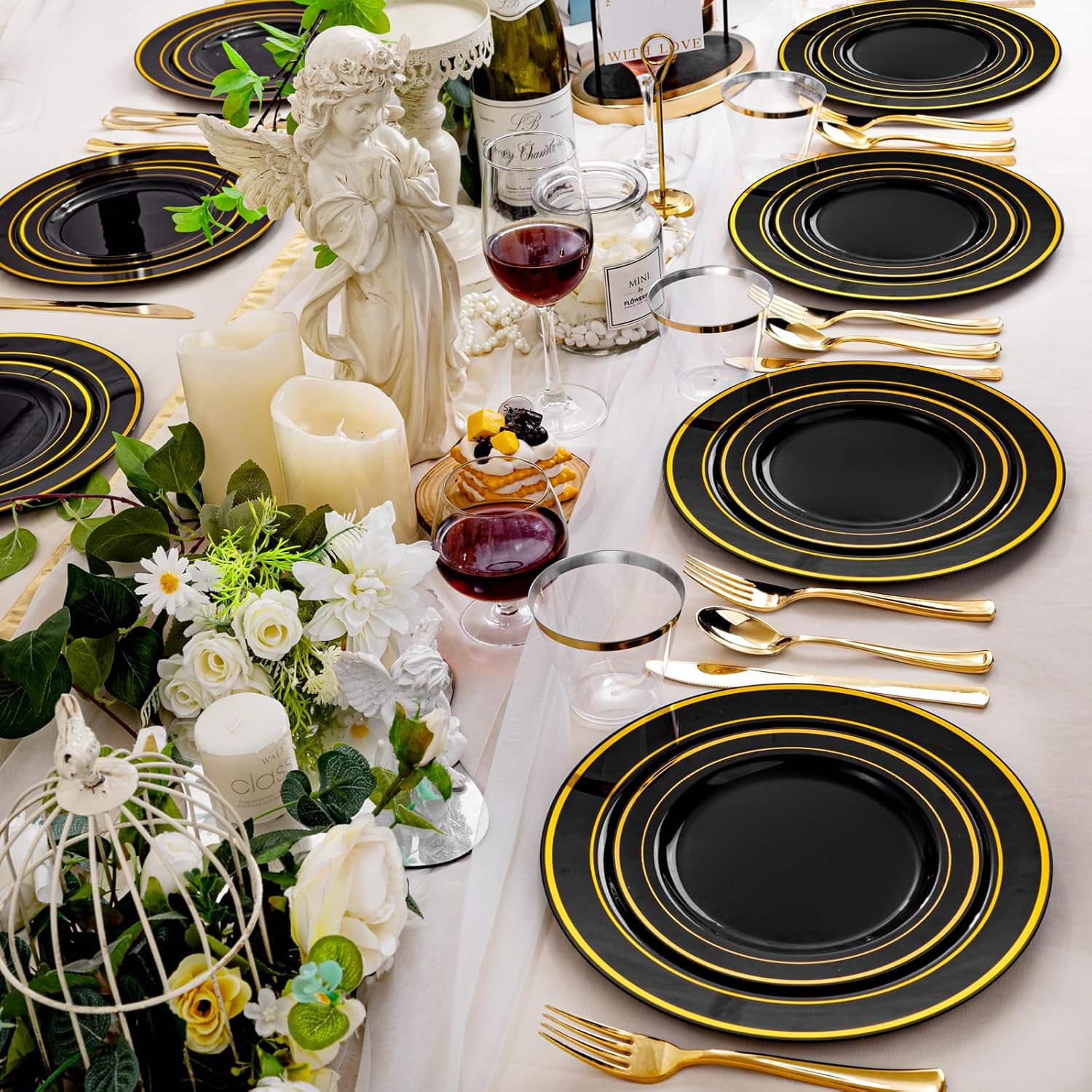 bUCLA 600PCS Black and Gold Disposable Dinnerware Set for Parties