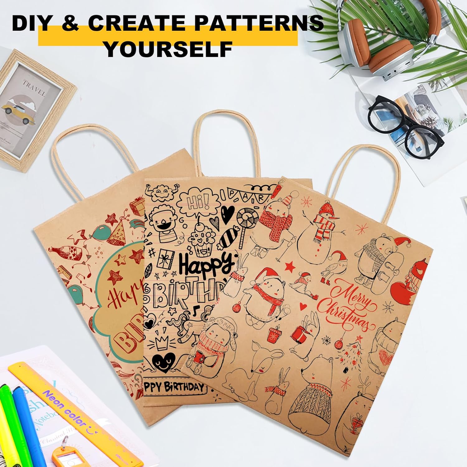 BAG BOX 80 Pack Brown Paper Bags with Handles