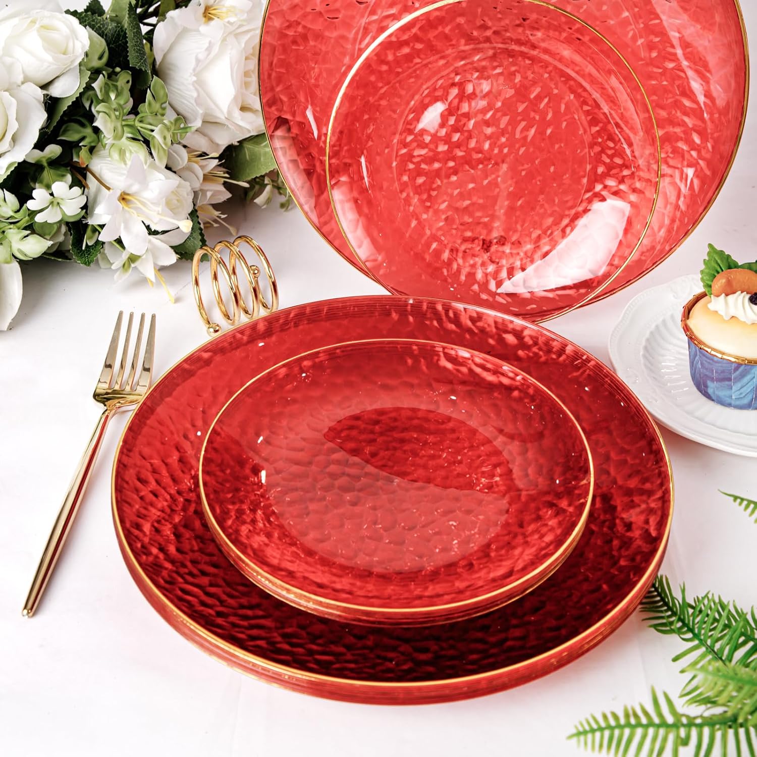 Rubtlamp 60 Pcs Red Plastic Plates with Gold Rim