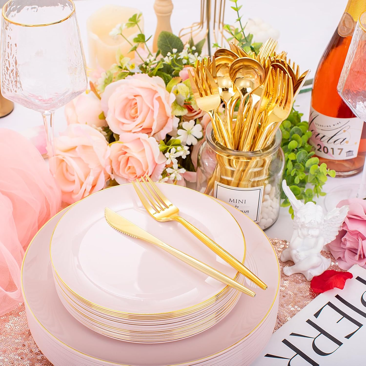 30-Piece Pink Plastic Party Plates Set with Gold Rim