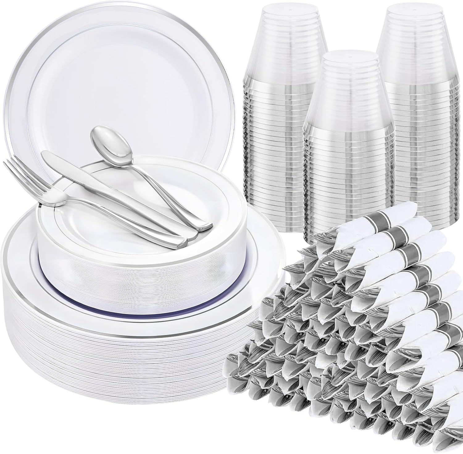 WELLIFE 700 Pcs Silver Plastic Plates Party Set