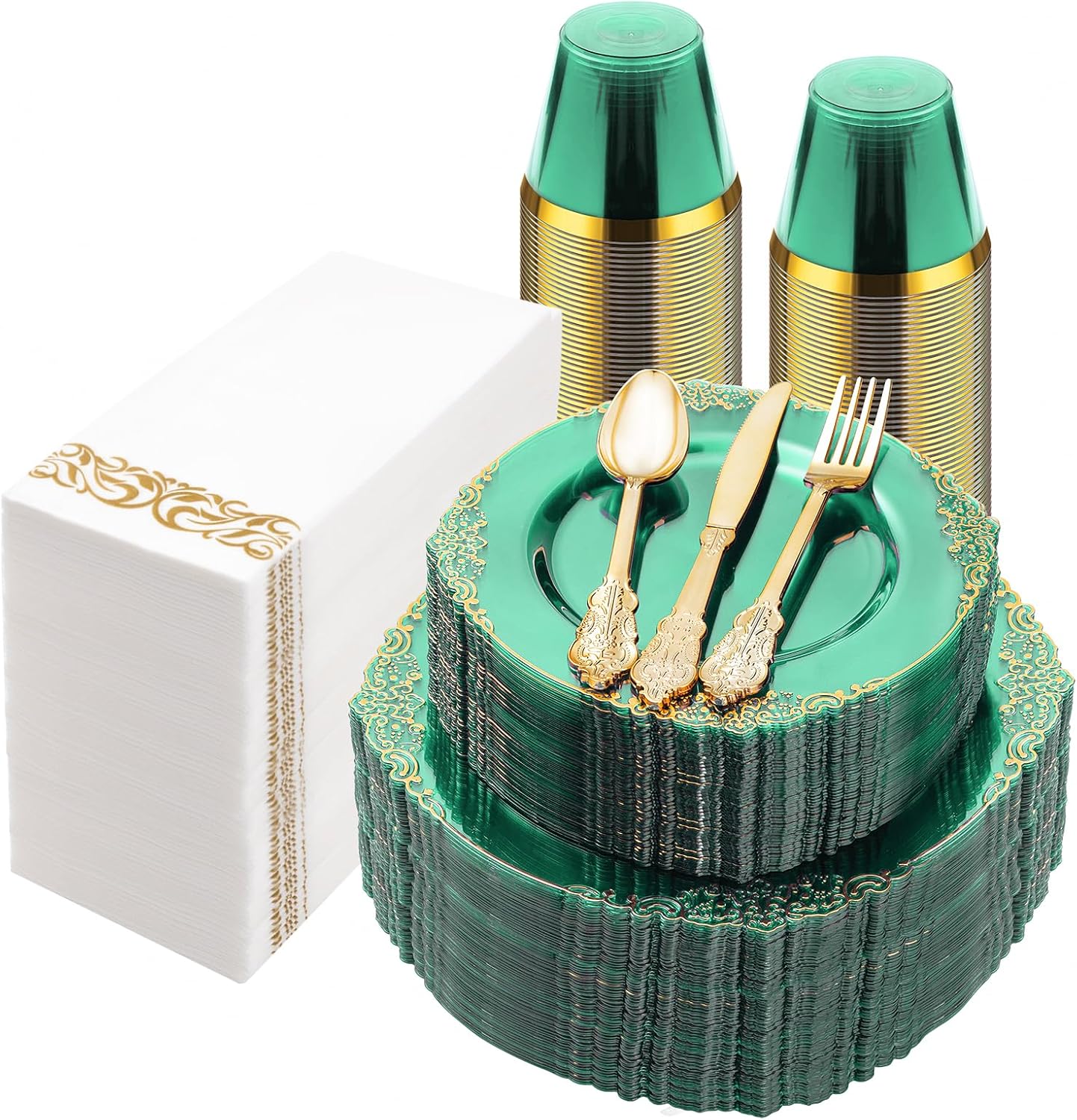 350PCS Clear Green Plastic Plates with Gold Trim for 50 Guests