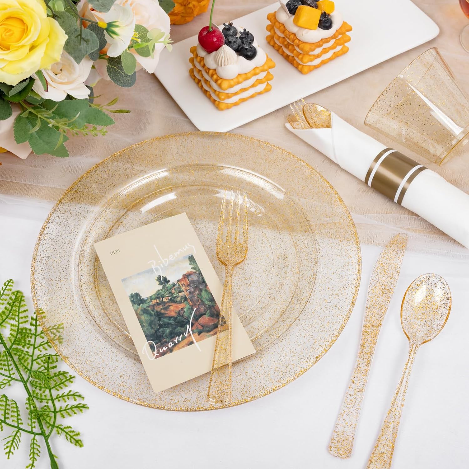 WELLIFE 210Pcs Gold Glitter Dinnerware Set for 30 Guests