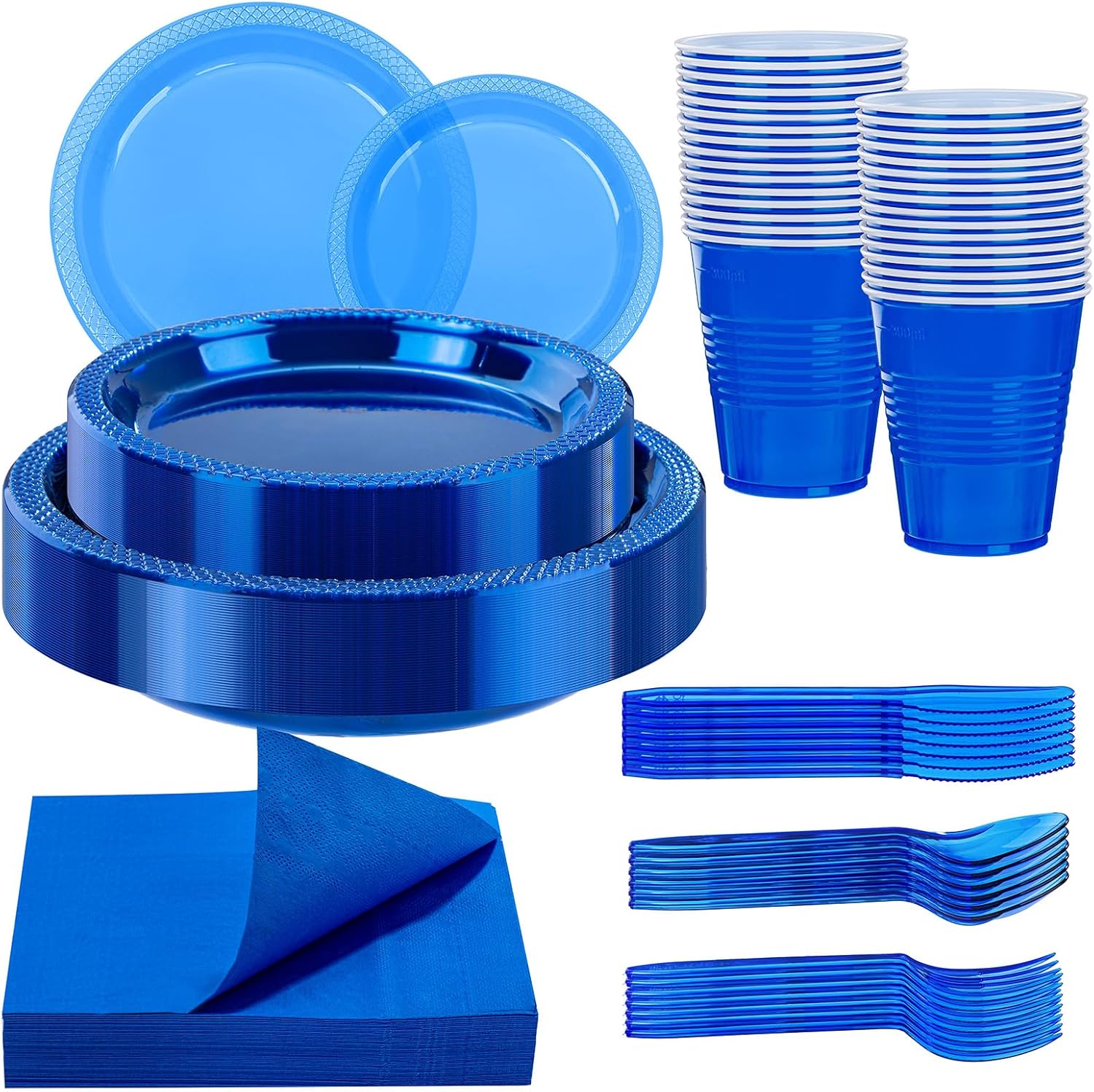WELLIFE 210Pcs Clear Blue Plastic Plates Set for Party