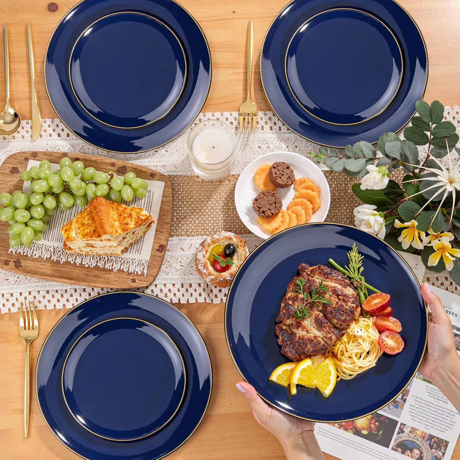 PULOTE 200 Piece Blue Plastic Plate Set