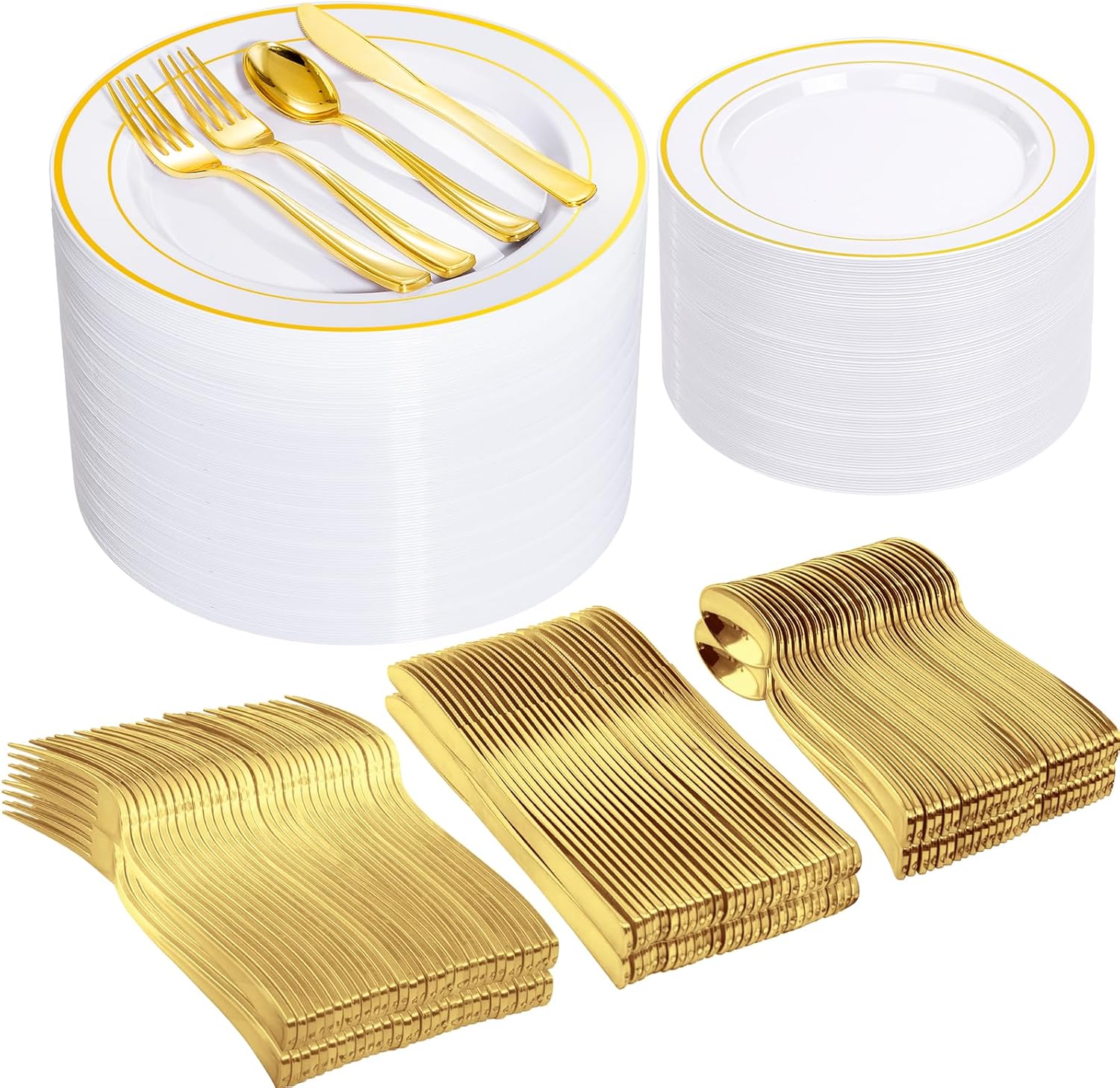 600 Pcs Gold Plastic Plates and Utensils for 100 Guests