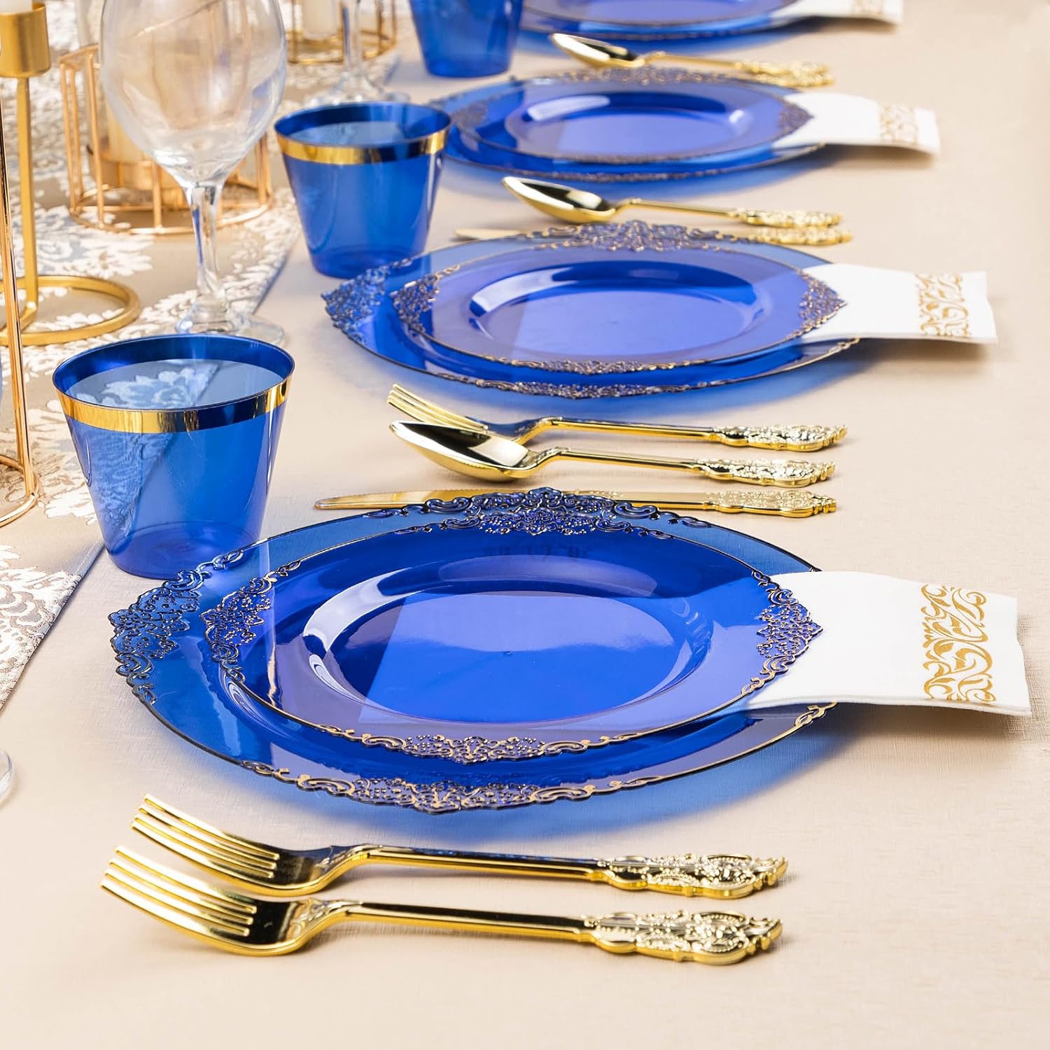350PCS Clear Blue Plastic Plates with Gold Trim for 50 Guests