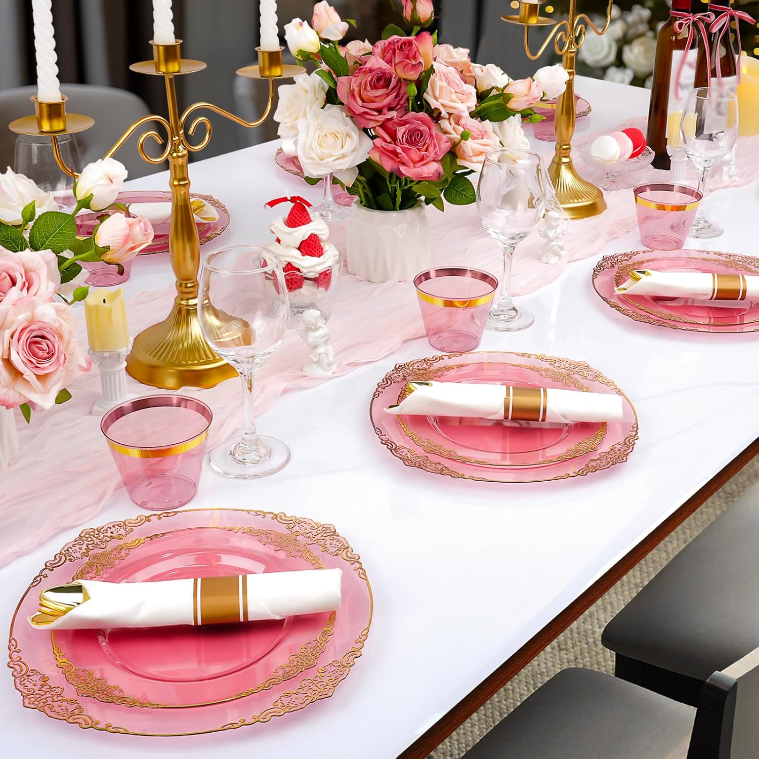 350 PCS Elegant Gold and Burgundy Plastic Dinnerware Set for 50 Guests