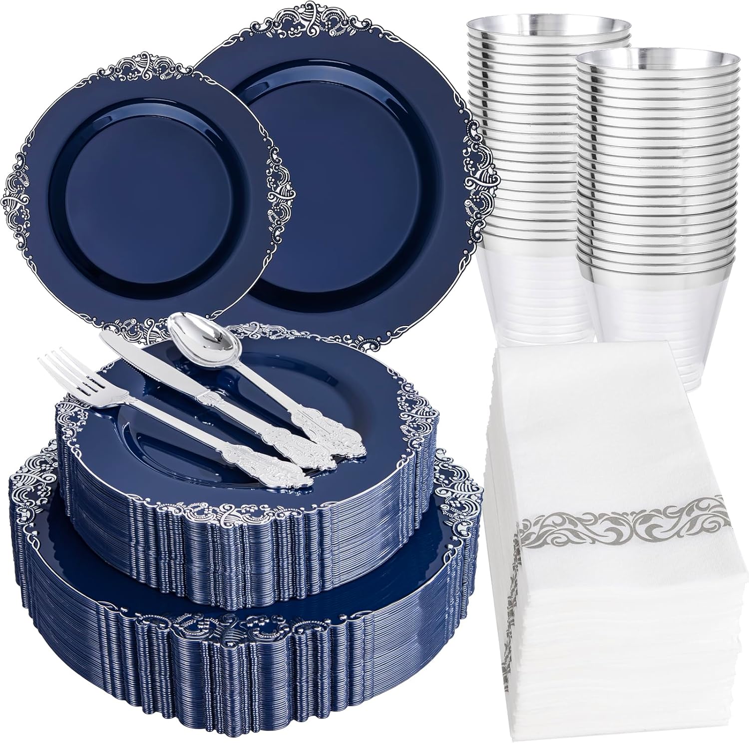 Hioasis 350pcs Blue and Silver Plates Set for 50 Guests