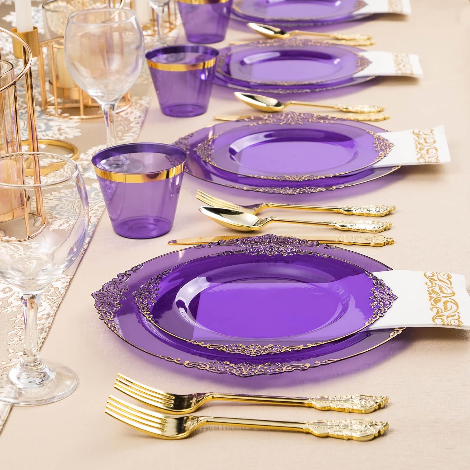 350PCS Clear Purple Plastic Plates with Gold Trim for 50 Guests