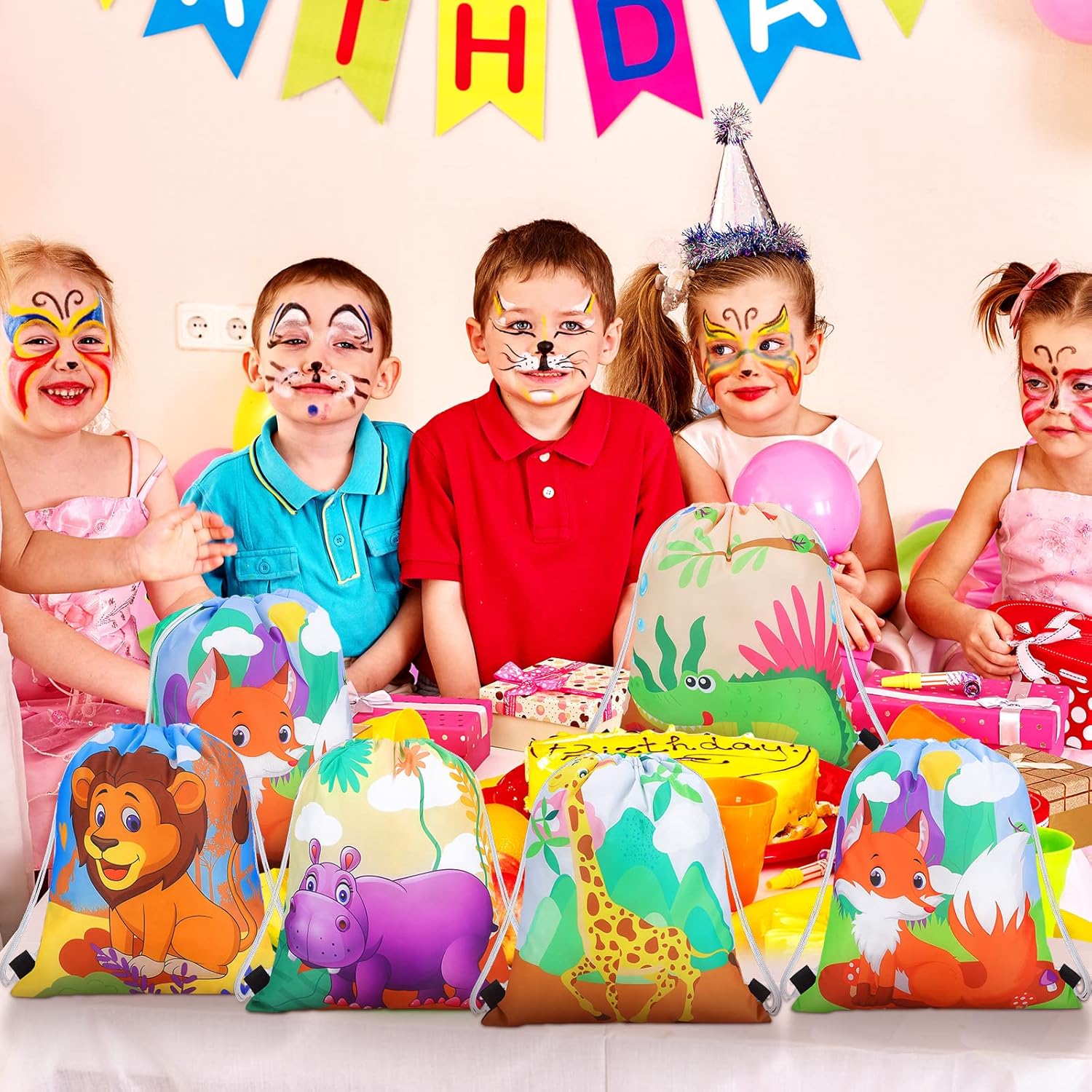Gerrii 32 Piece Jungle Animal Drawstring Bags for Kids Birthday Party Supplies