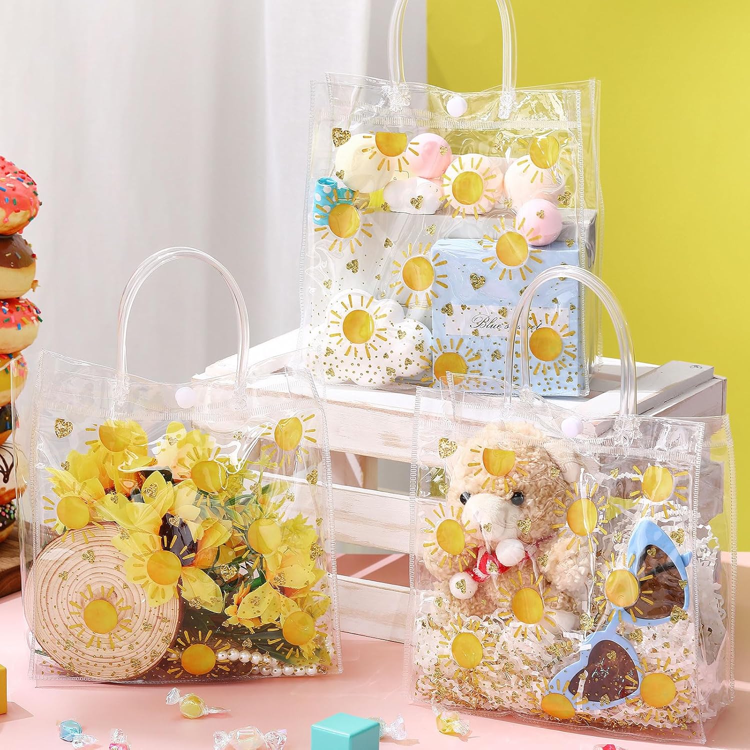 Hosuly 24 Pcs Boho Sun Clear Gift Bags with Handles