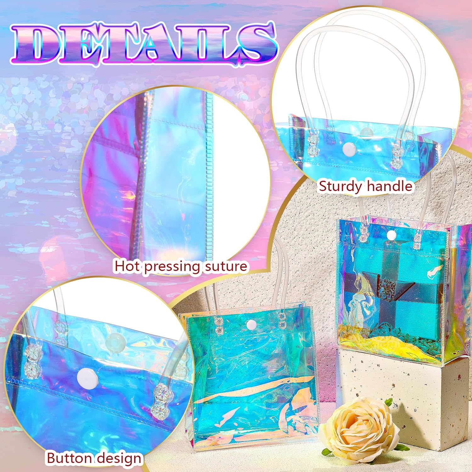 Sherr 16 Pcs Iridescent Clear Gift Bags with Handles