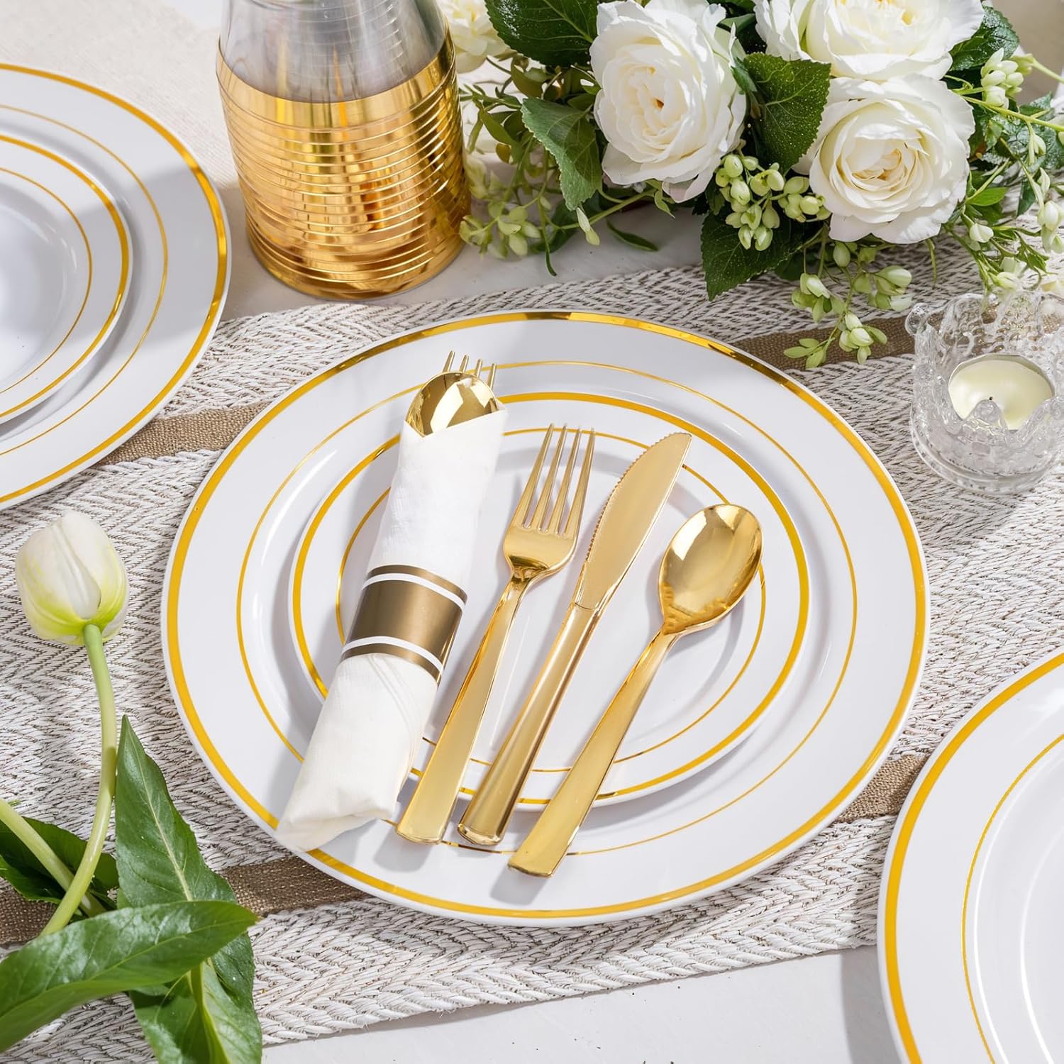 WELLIFE 350Pcs White Gold Plastic Plates for 50 Guests