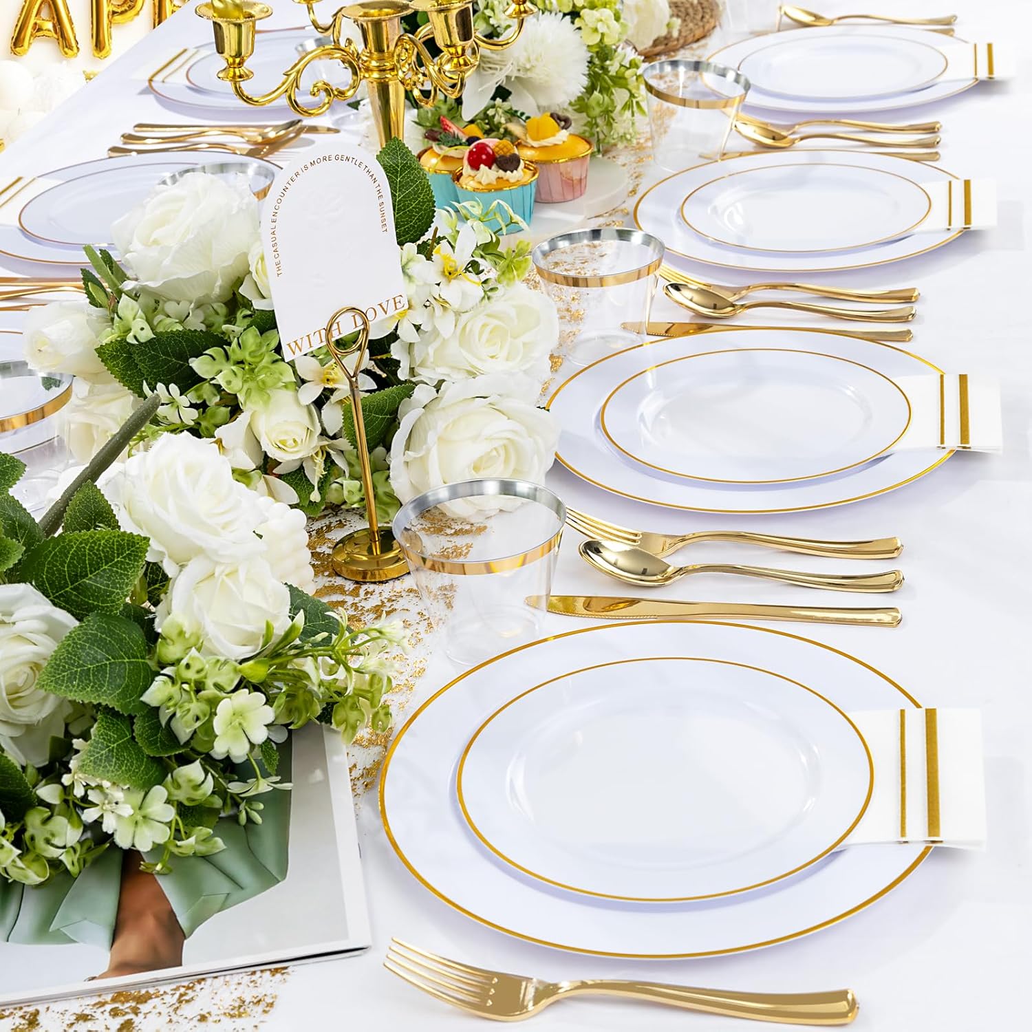 SUT 350 PCS White Gold Disposable Dinnerware Set for 50 Guests