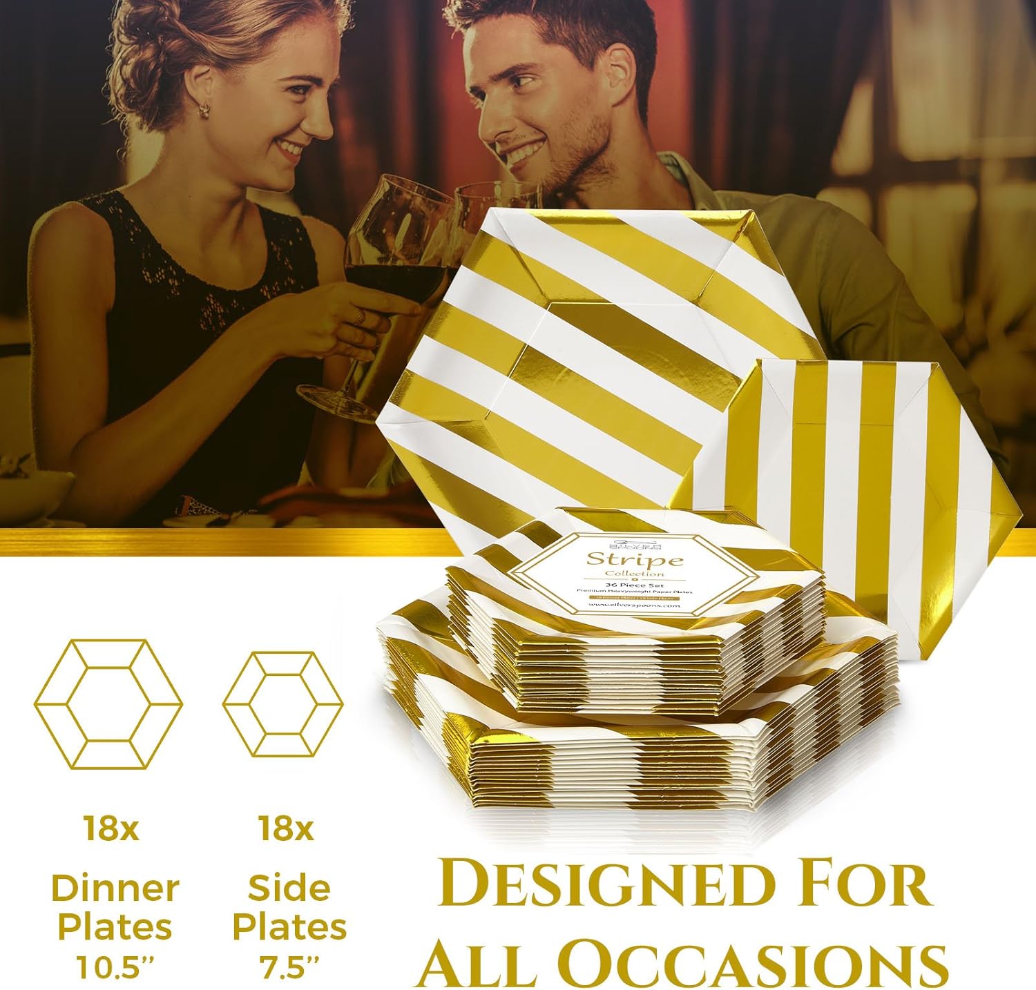 Silver Spoons Disposable Dinnerware Set Stripe Collection 18 Servings White Gold