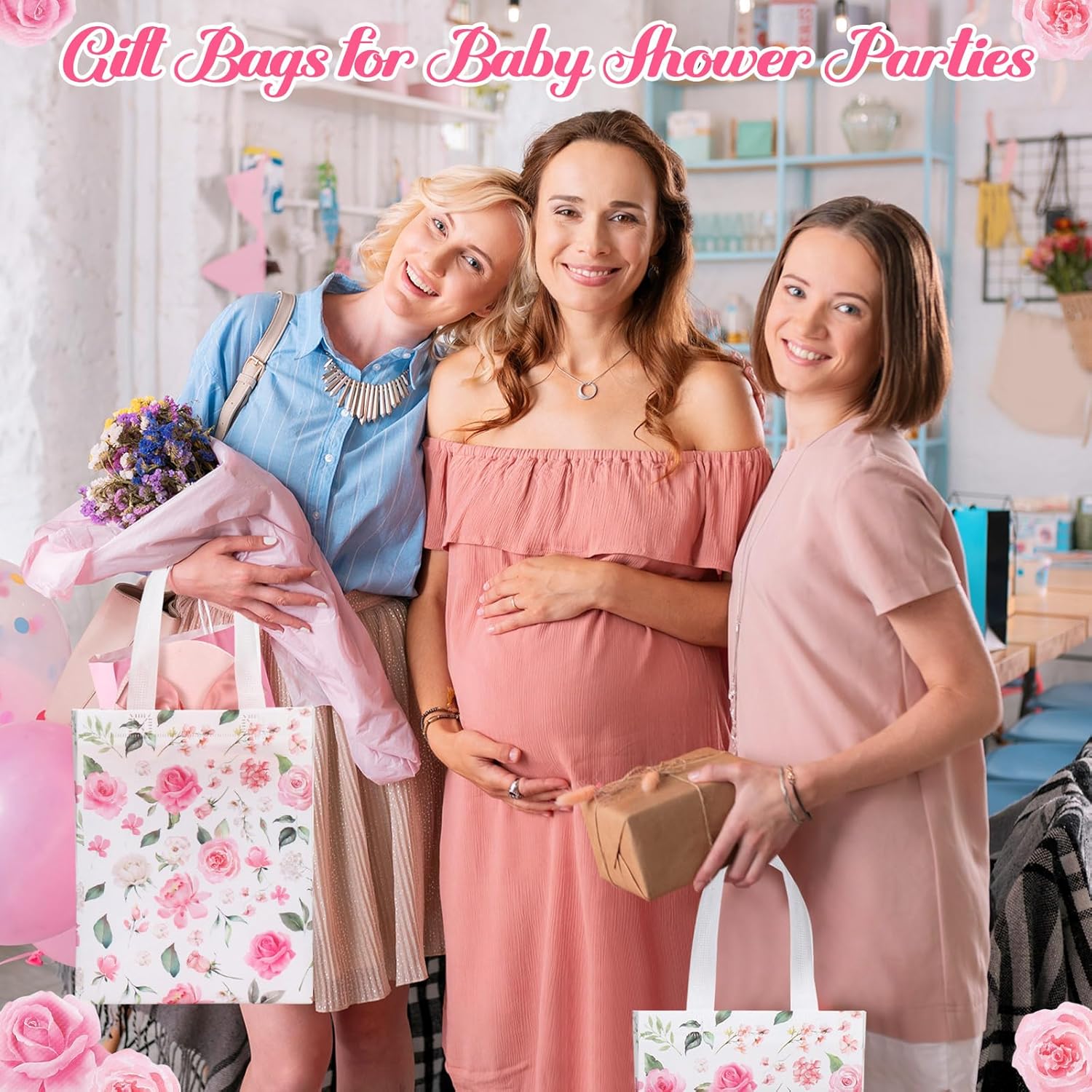 Supervitae 24 Pack Pink Floral Gift Bags