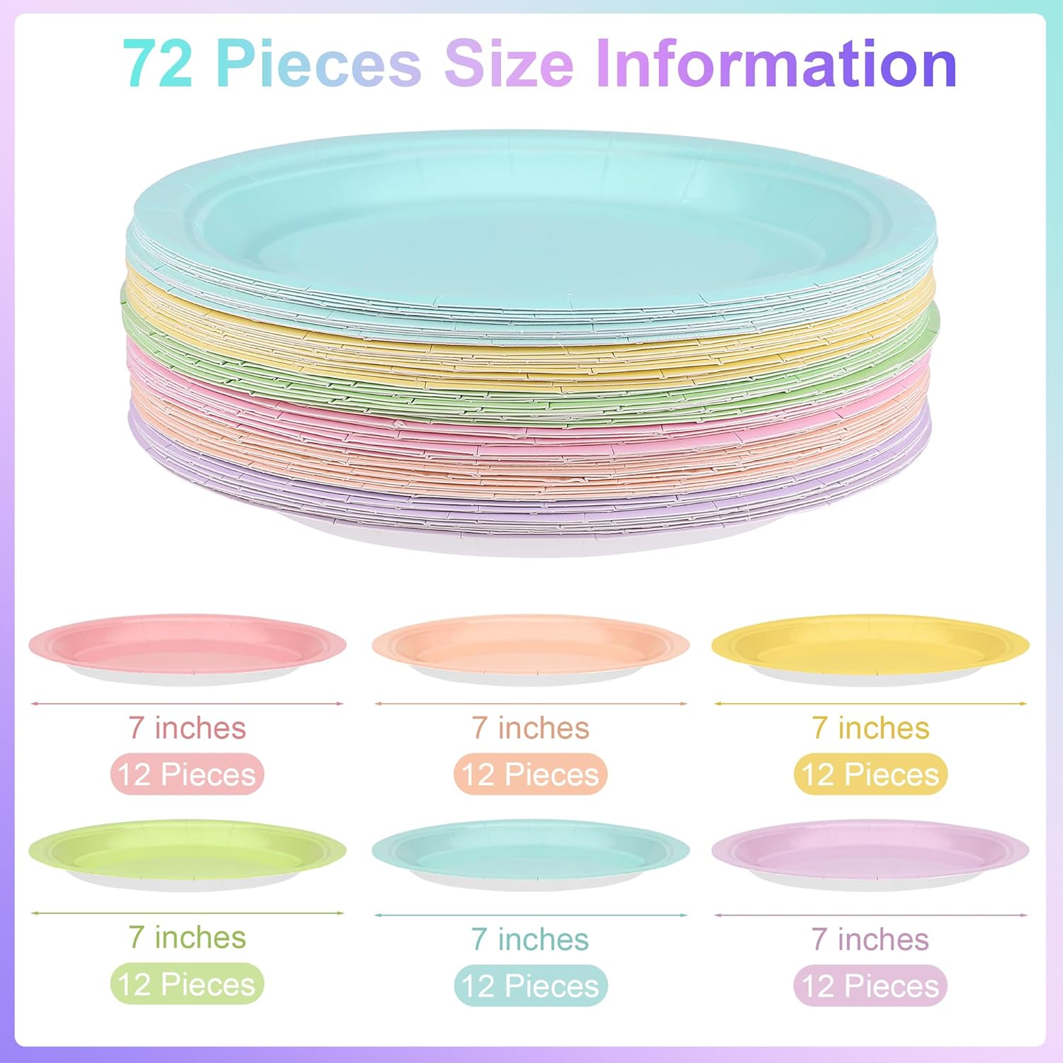 72 Pieces Pastel Rainbow Paper Plates 7 Inch Bulk Plates