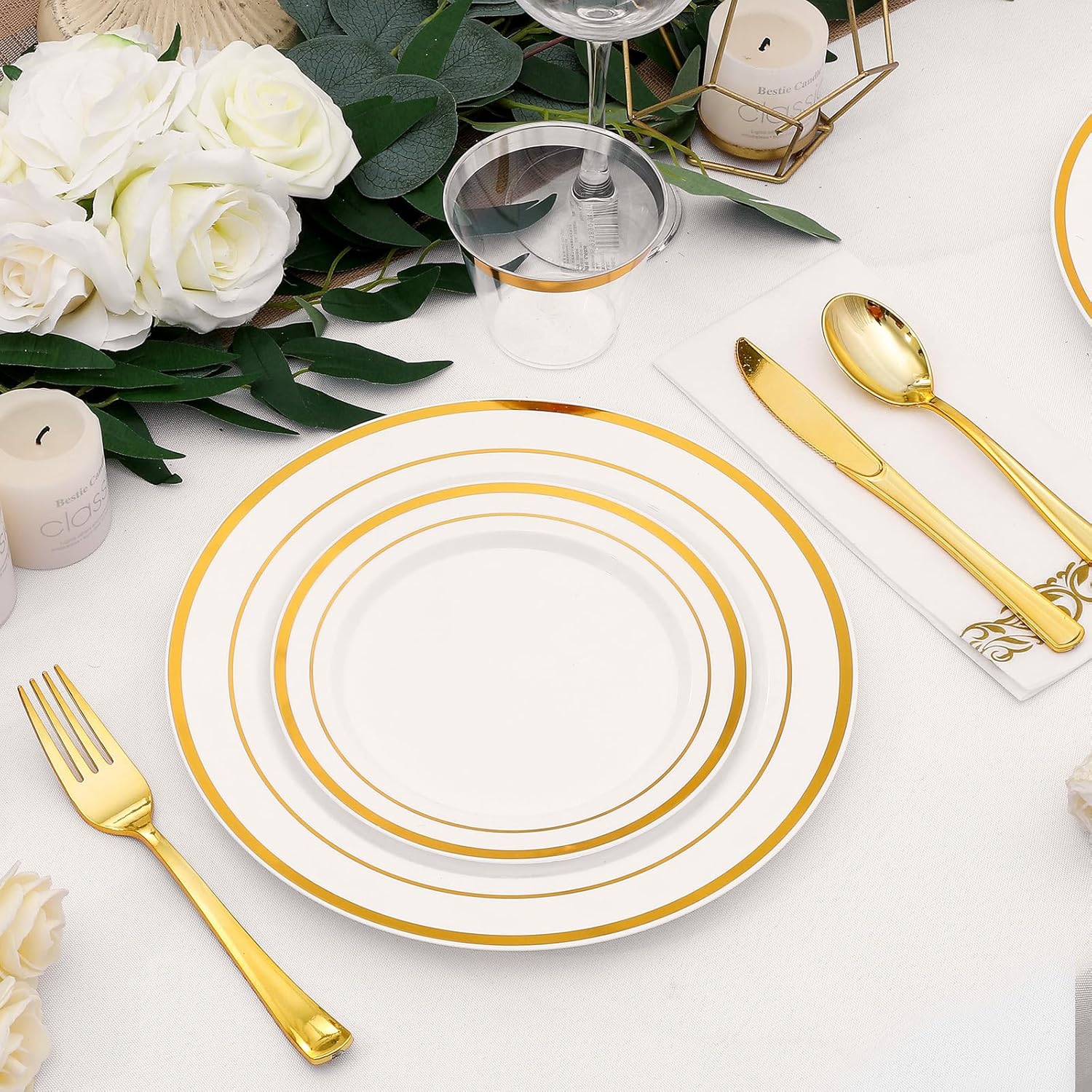 350-Piece Gold Rim Plastic Dinnerware Set for 50 Guests