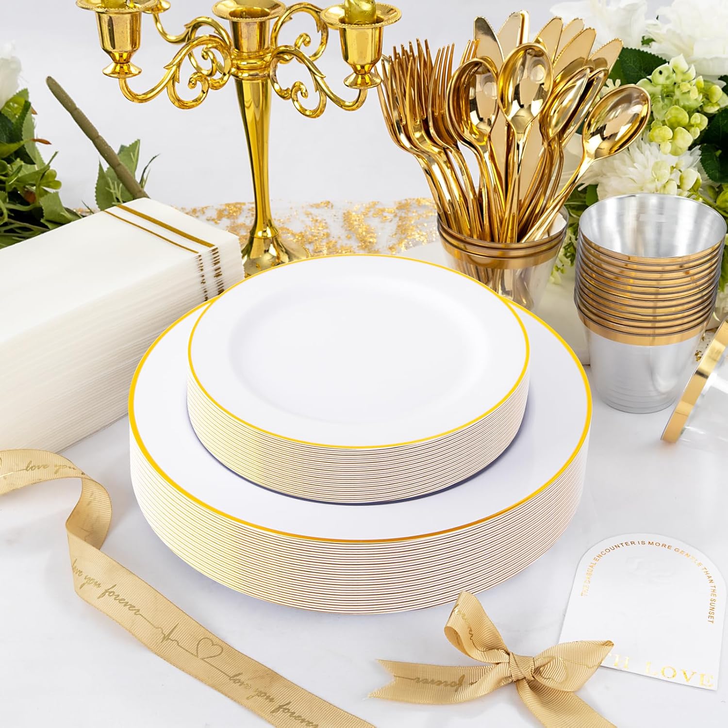SUT 350 PCS White Gold Disposable Dinnerware Set for 50 Guests