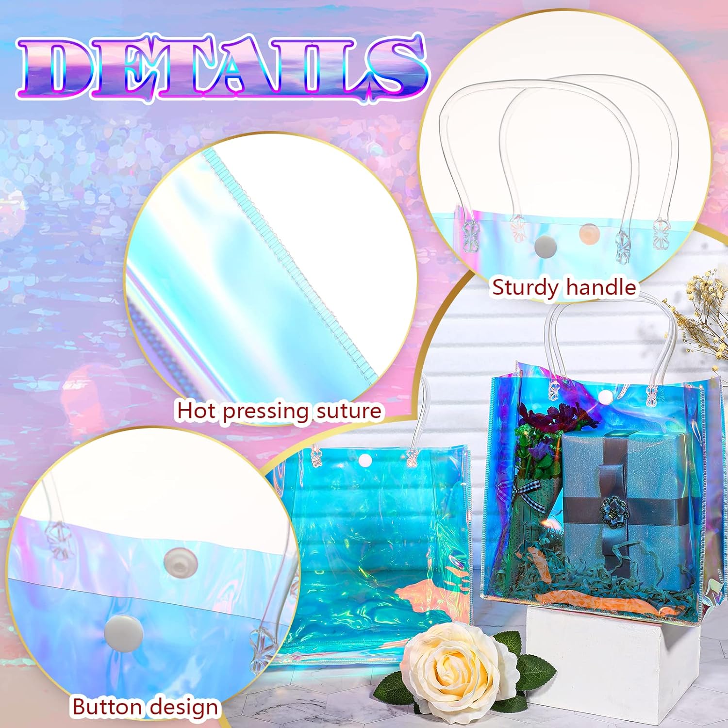 Sherr 16 Pcs Iridescent Holographic Gift Bags with Handles