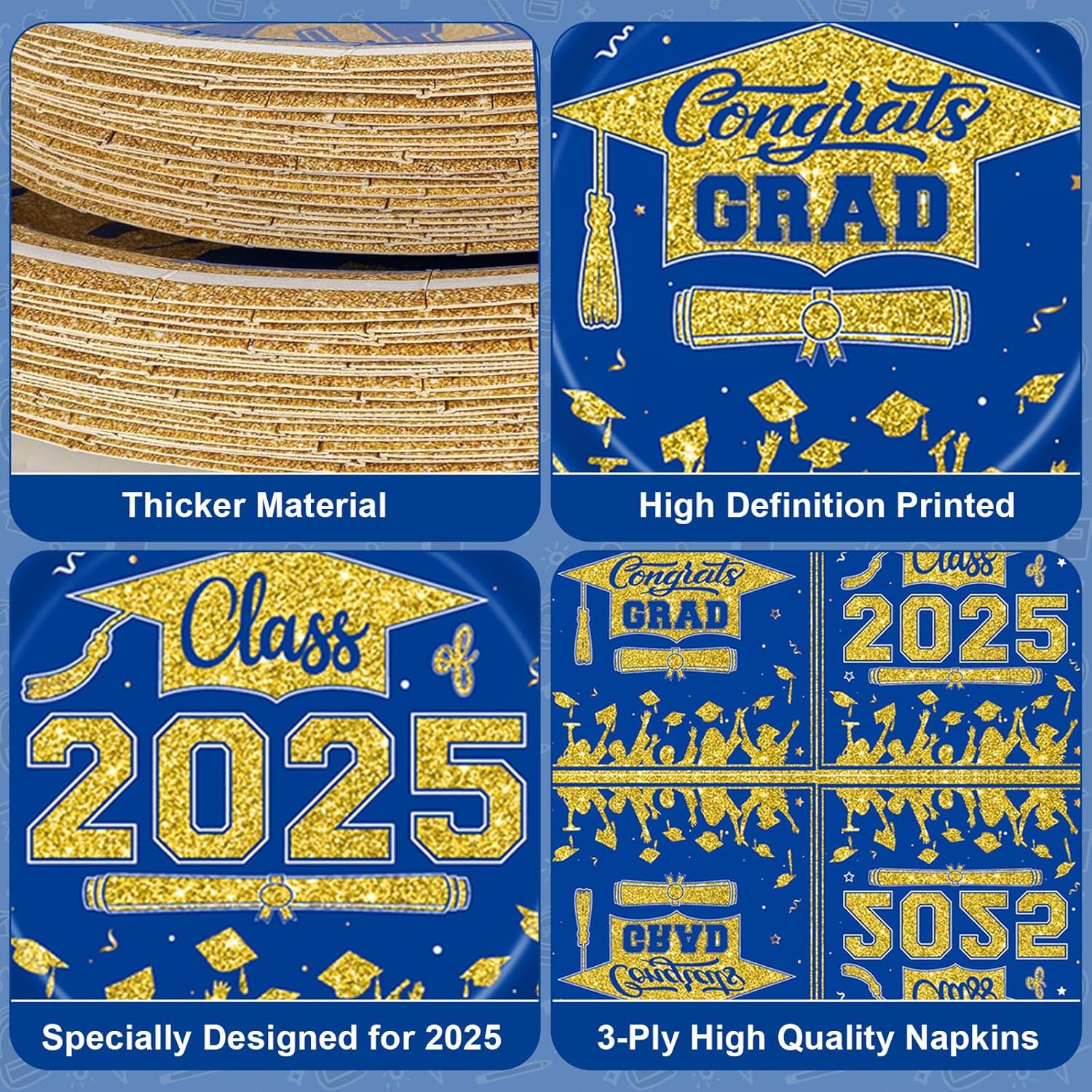 Veramz 150 Pcs Graduation Party Plates Napkins Set Blue Gold