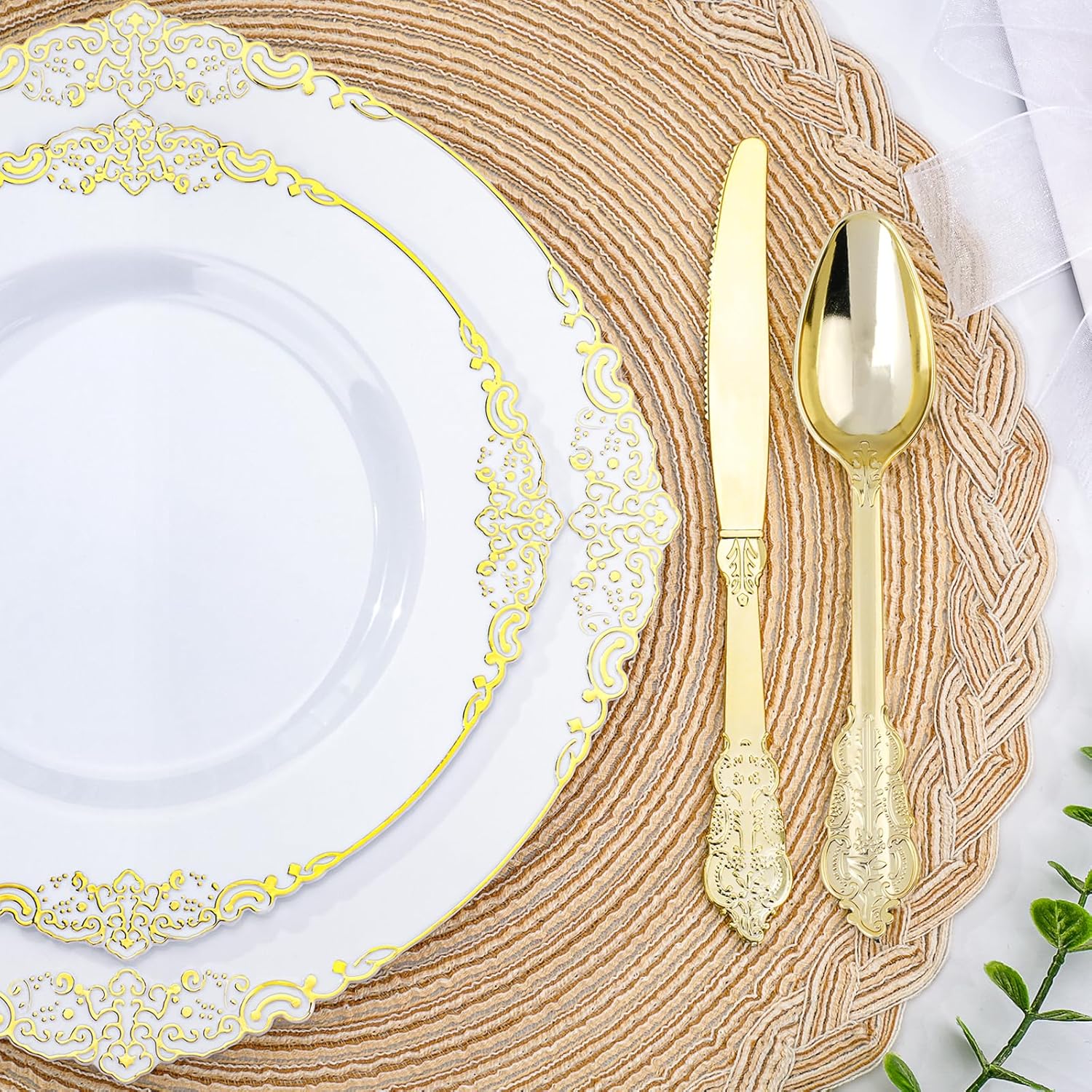 350 PCS White Gold Plastic Plates for 50 Guests
