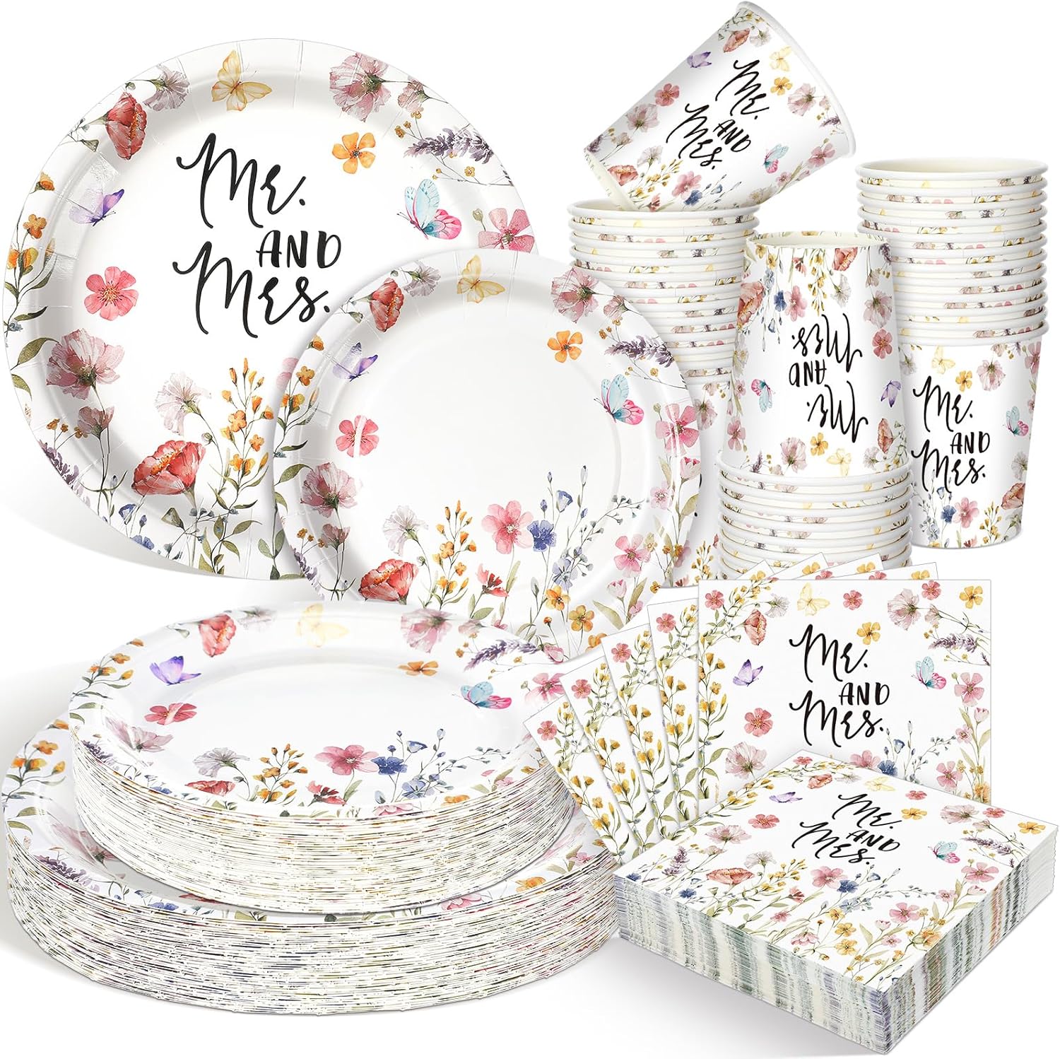 Zhehao 250 Pcs Mr And Mrs Bridal Shower Plates Napkins Set