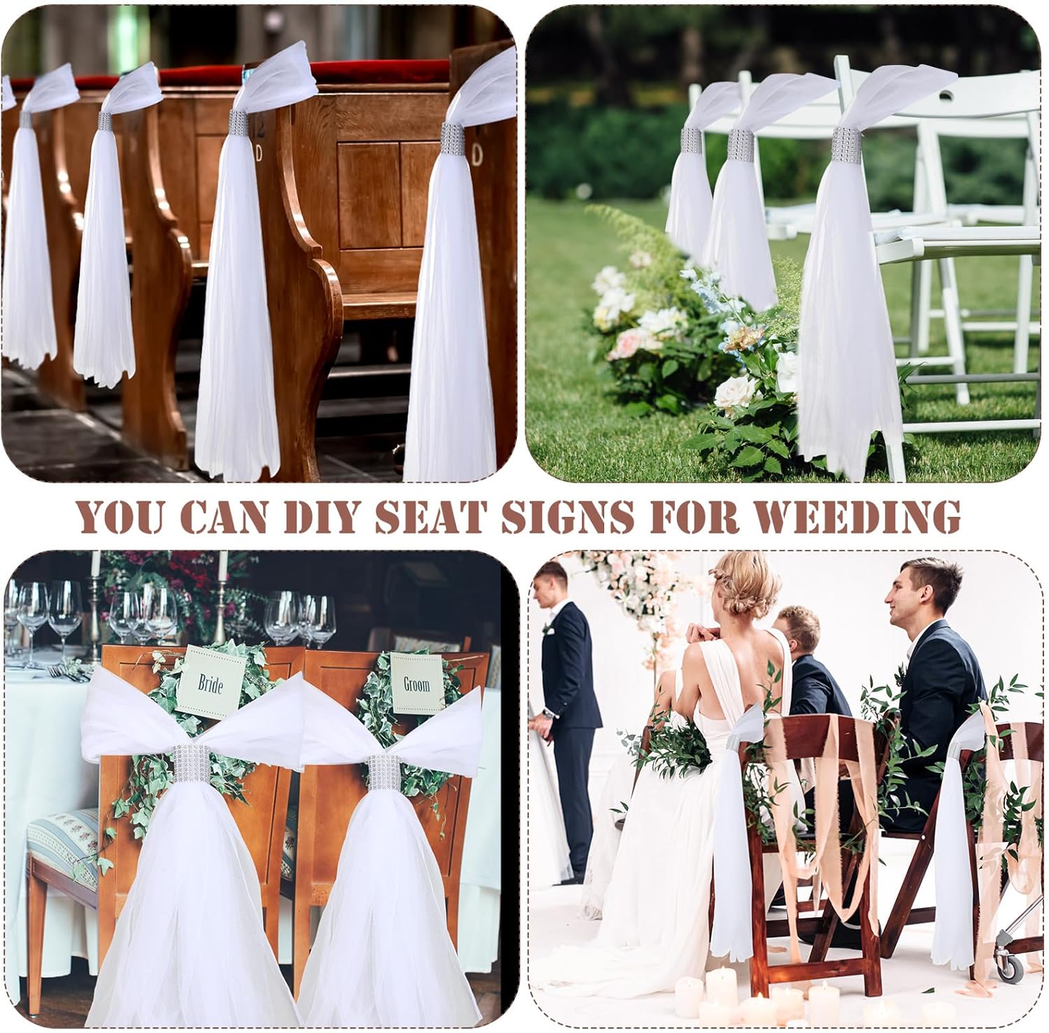 36 Piece Wedding Pew Bows Tulle Set with Rhinestone Collar