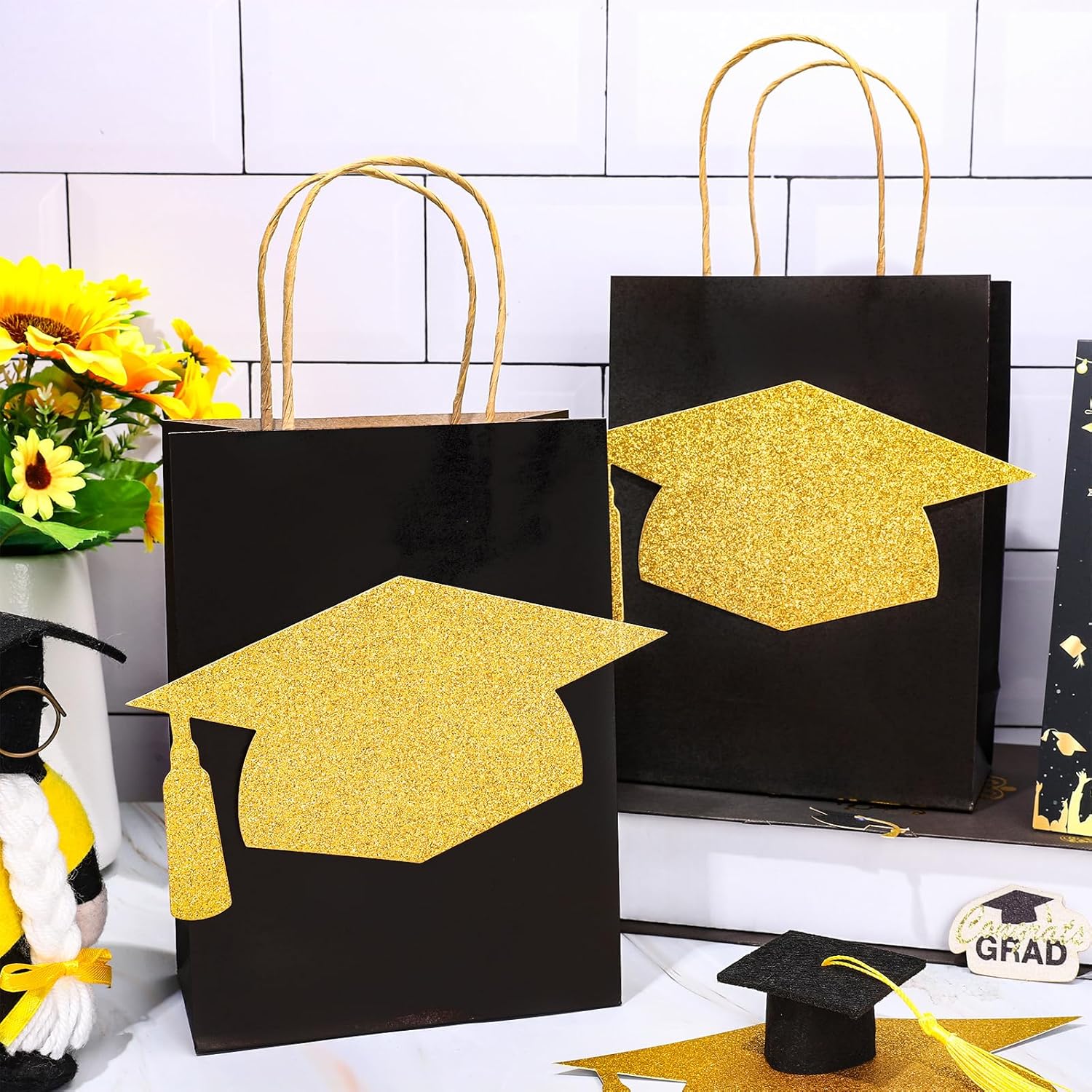 FYSUIMU 24Pcs Glitter Gold Graduation Gift Bags with Handle