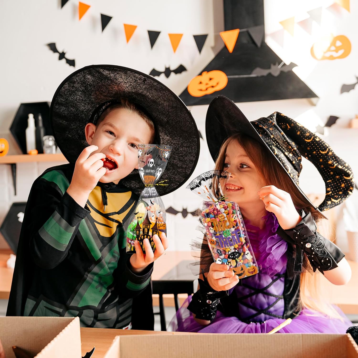 Halloween Treat Bags 120 PCS - Spooky Cellophane Goodie Bags for Kids