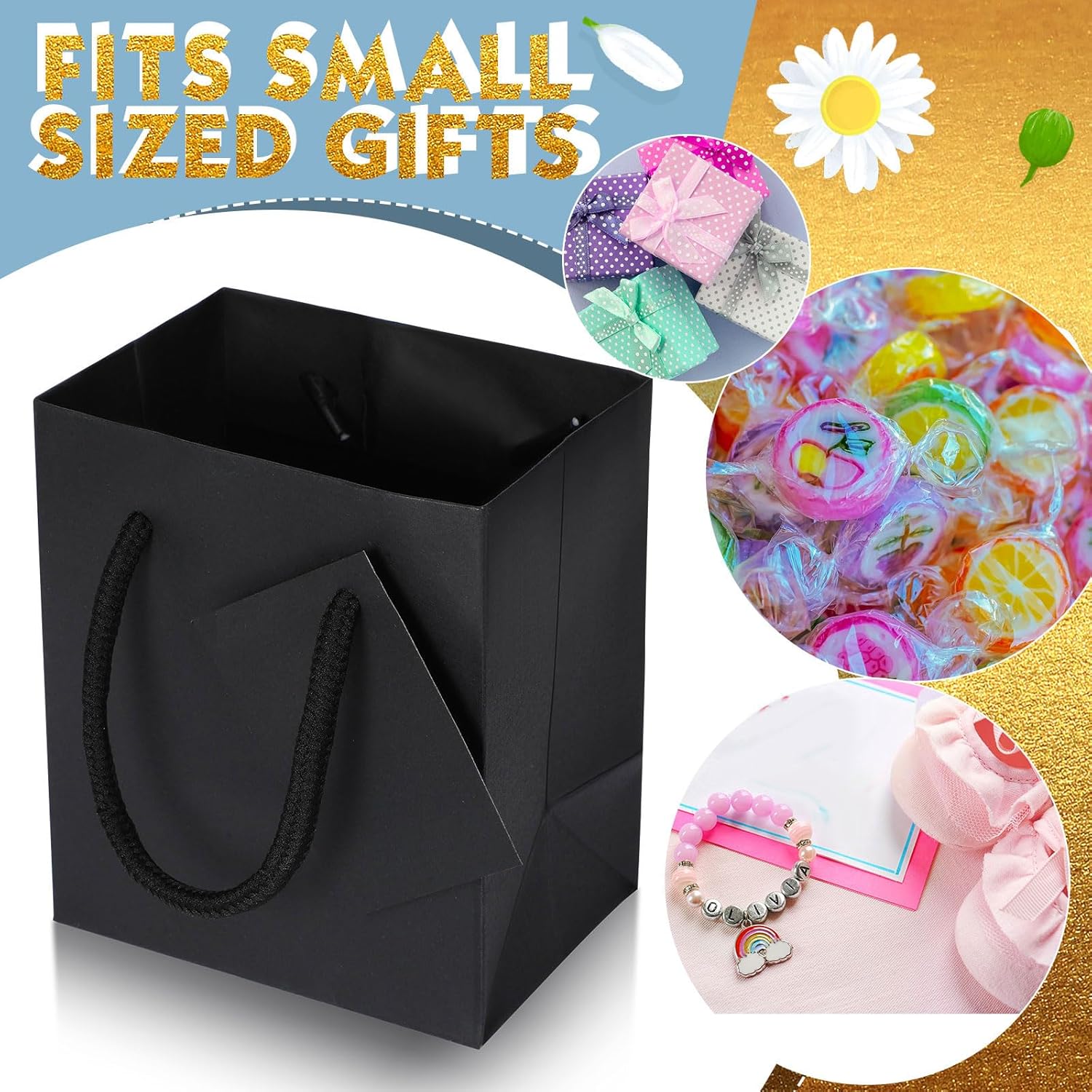 Sherr 100 Pack Mini Gift Bags with Handles Black