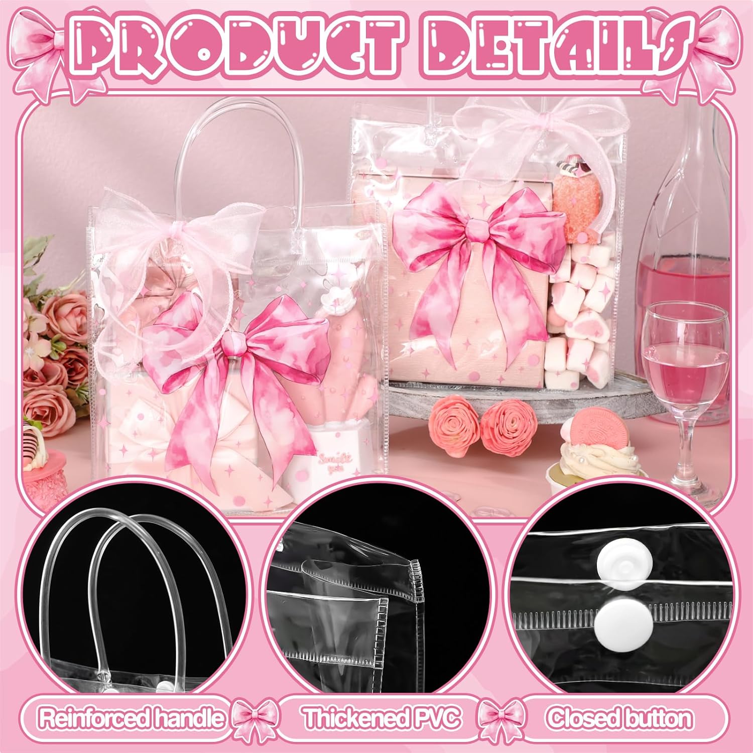 Wesnoy 24 Pcs Pink Bow Clear PVC Gift Bags with Handles