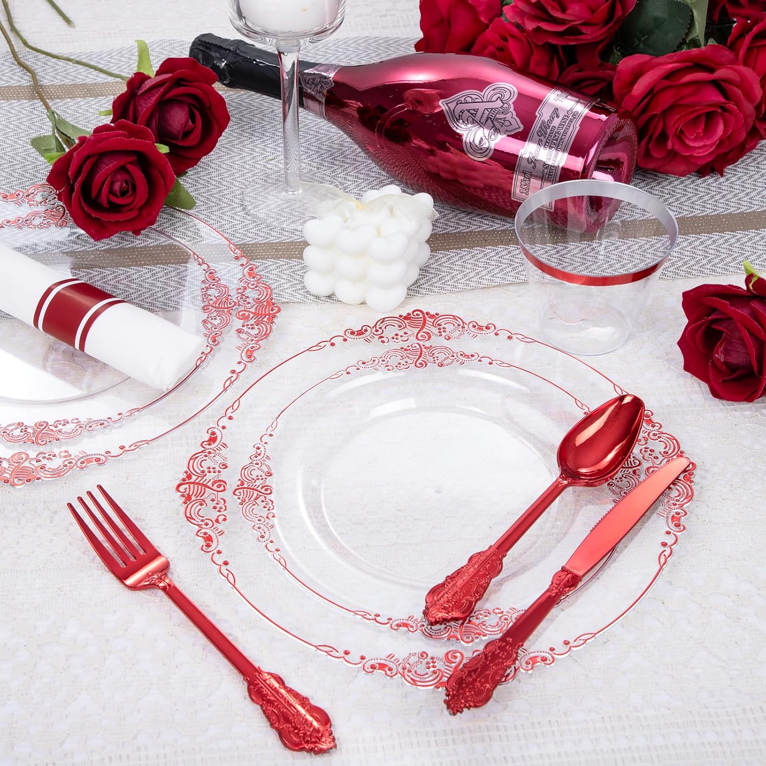 Hioasis 350pcs Clear Red Plates for 50 Guests