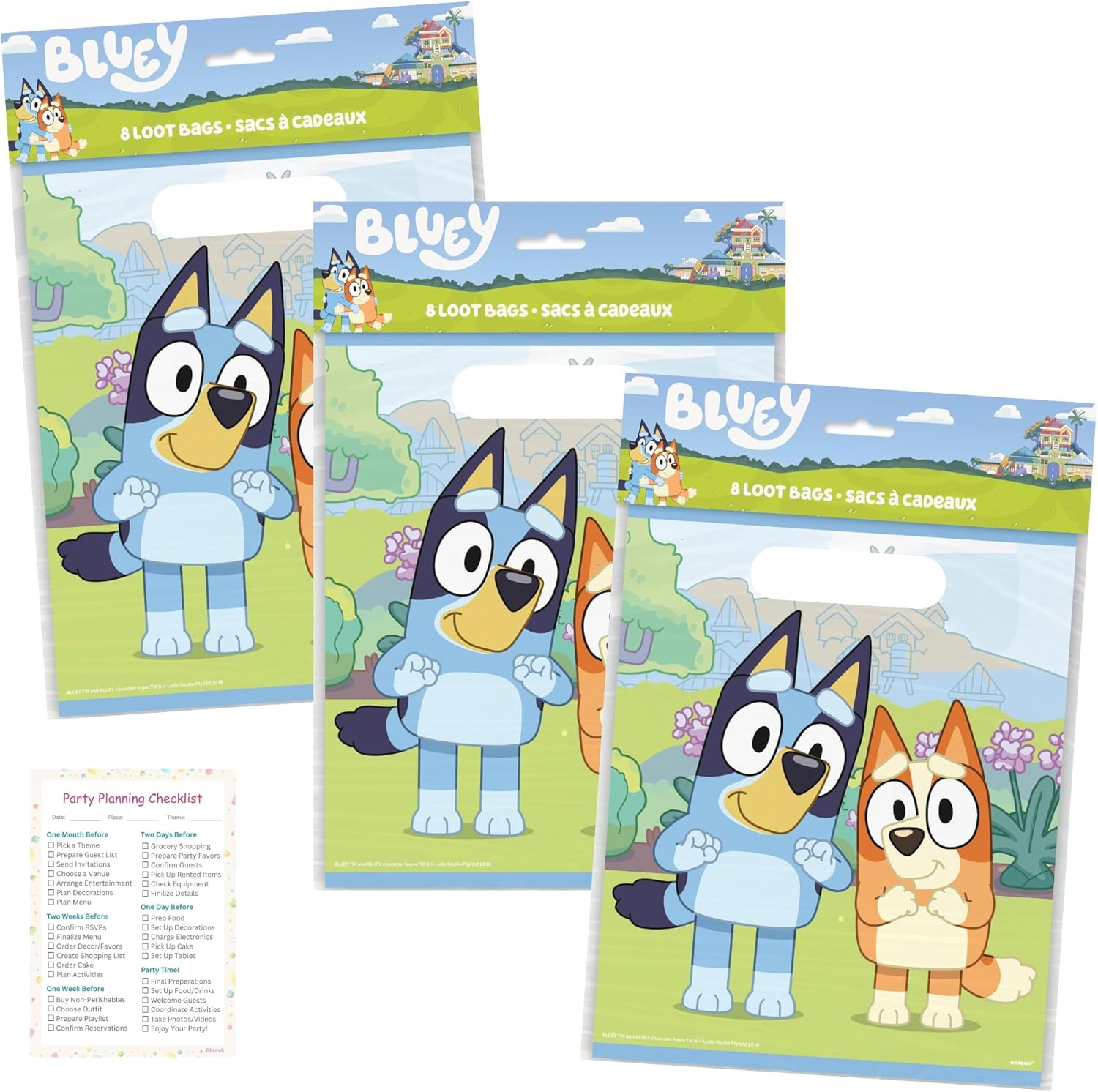 Unique Bluey Birthday Party Supplies Set - 24 Plastic Bags Checklist