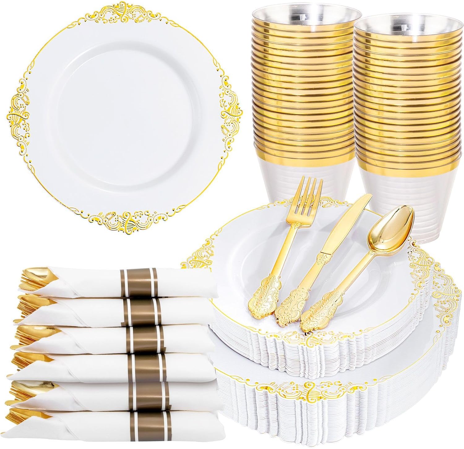 Nervure 175PCS Gold Plastic Plates for 25 Guests Wedding Party Supplies