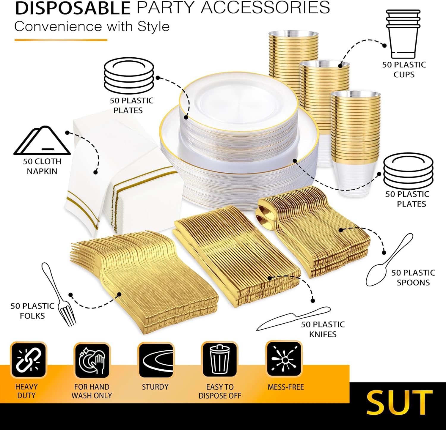 SUT 350Pcs Plastic Dinnerware Set for 50 Guests